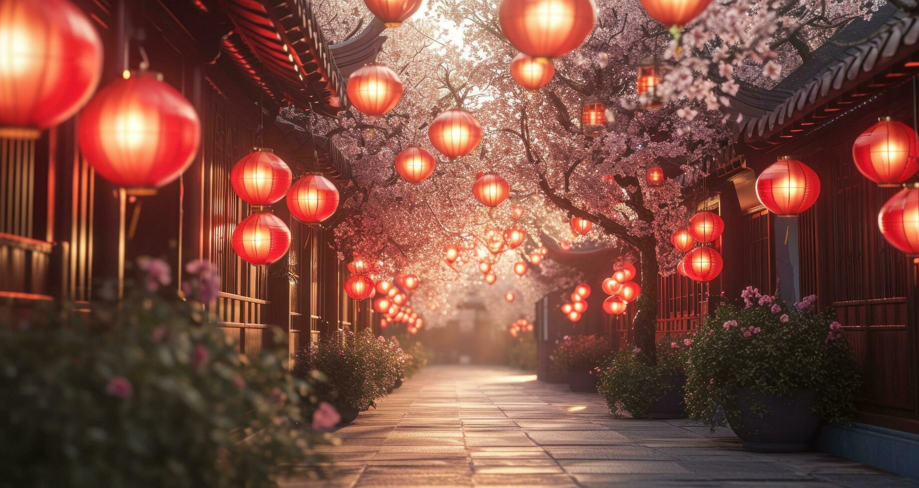 AI generated lanterns lined up on the pathway photo