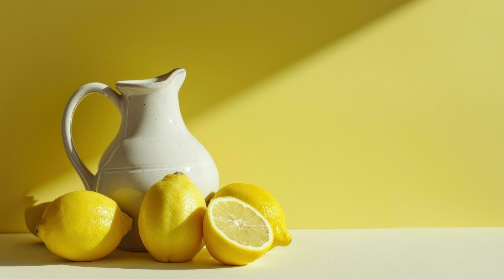 AI generated lemons and pitcher against a yellow background photo