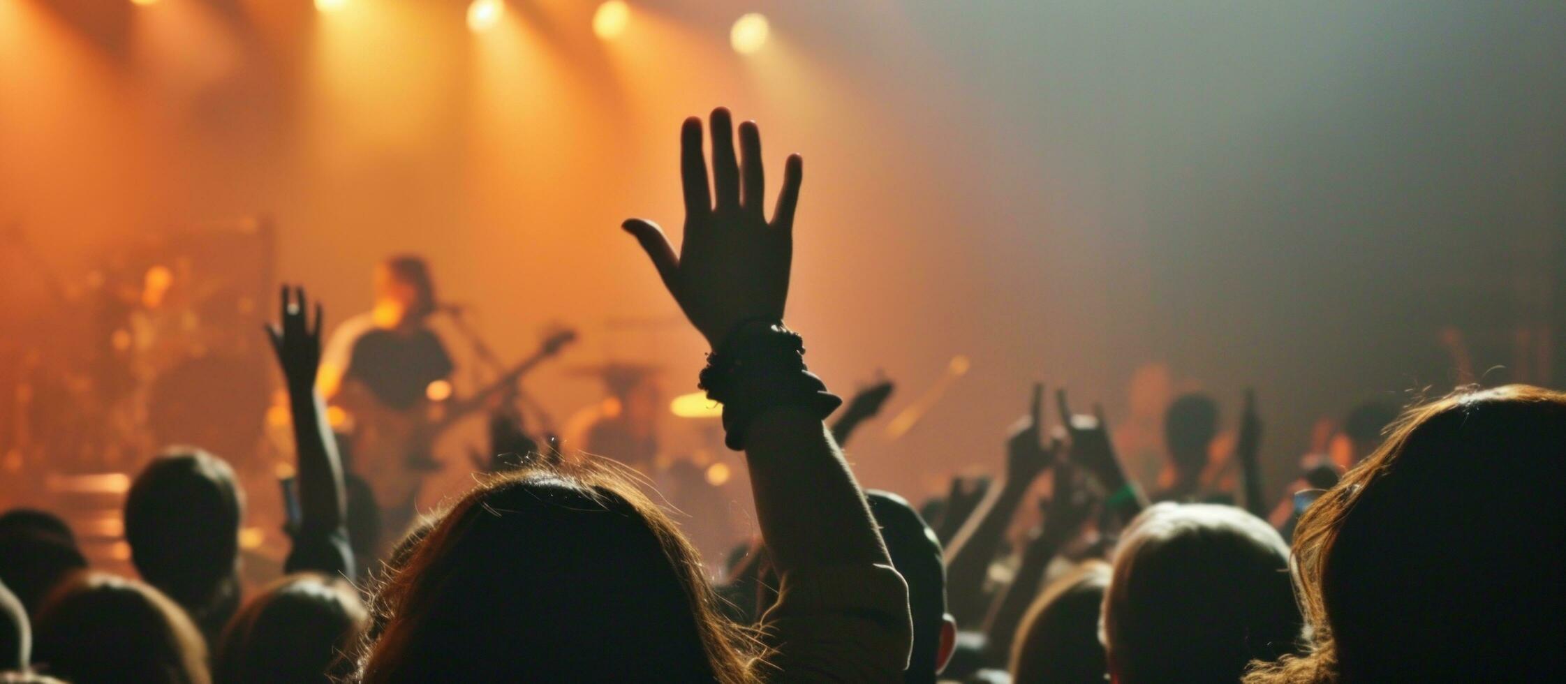 ai generado concierto y música escena con brillante luces foto