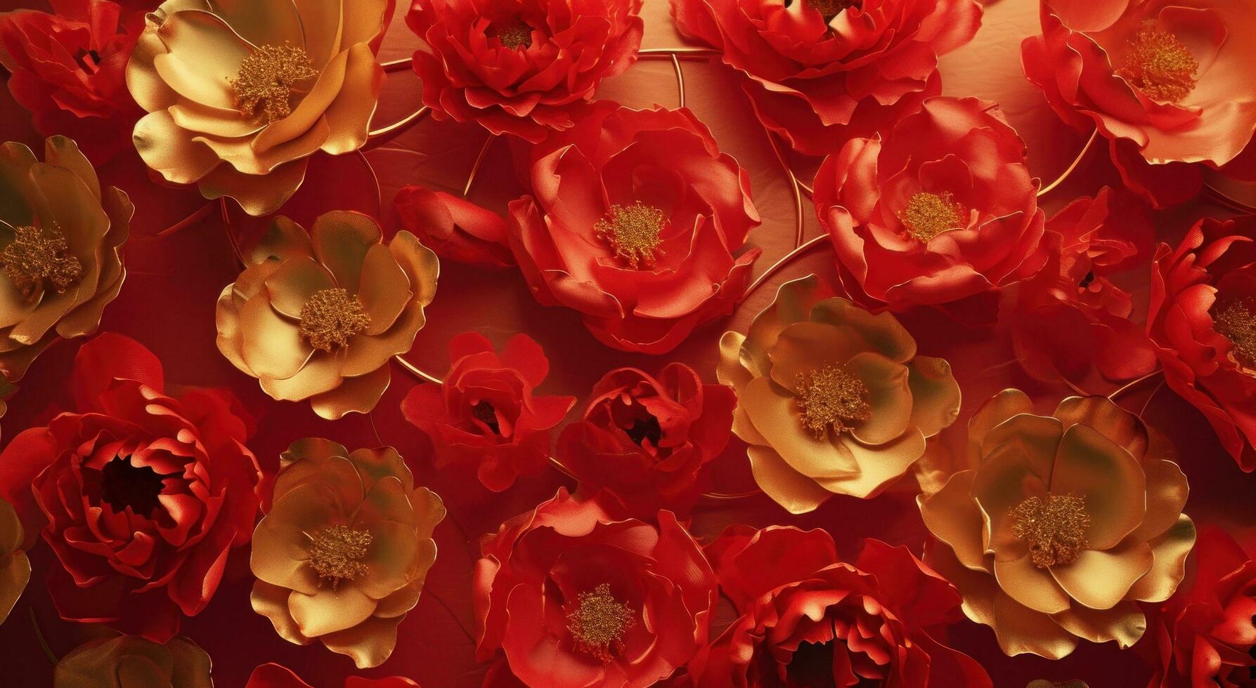 AI generated gold colored flowers in red and gold photo