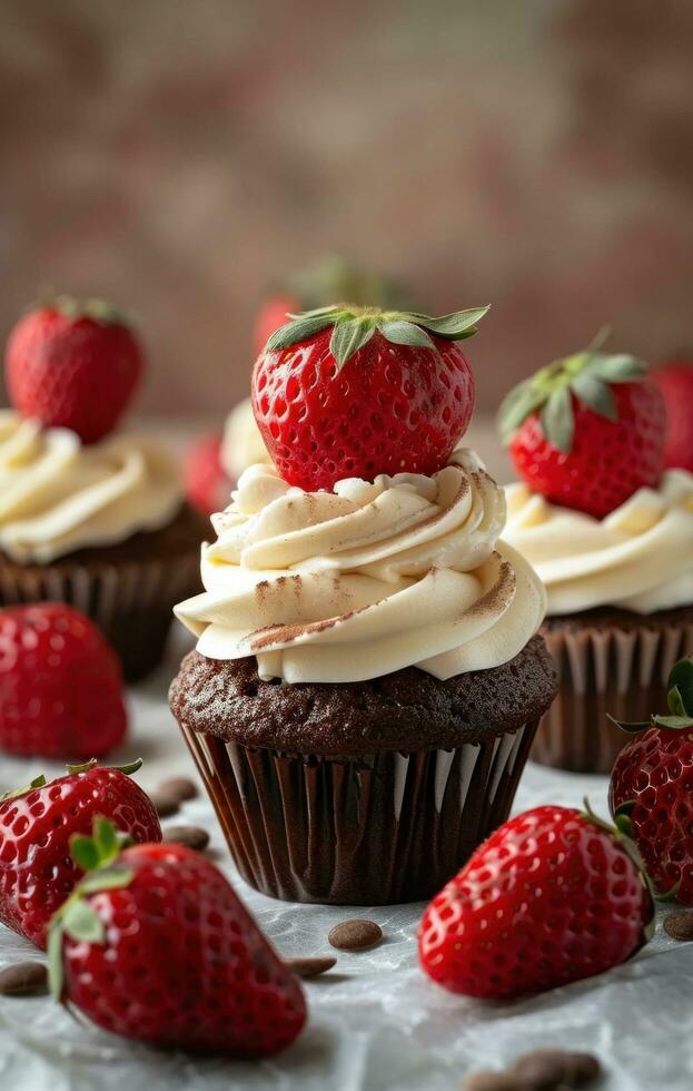 AI generated multiple cupcakes and strawberries sitting on top of strawberries photo