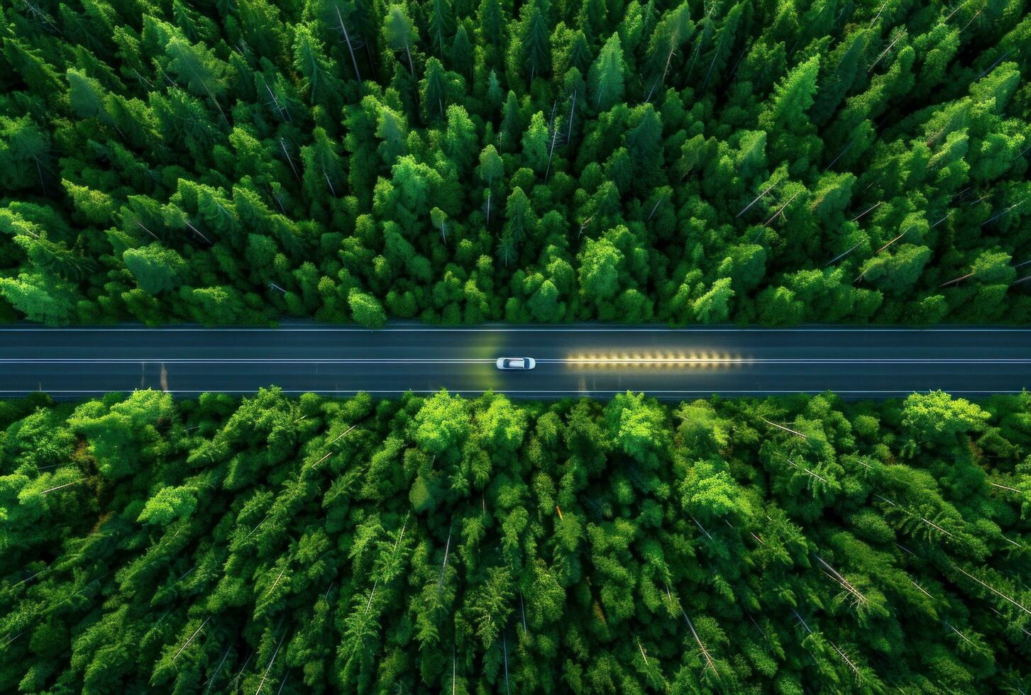 AI generated car driving along the road in the forest photo