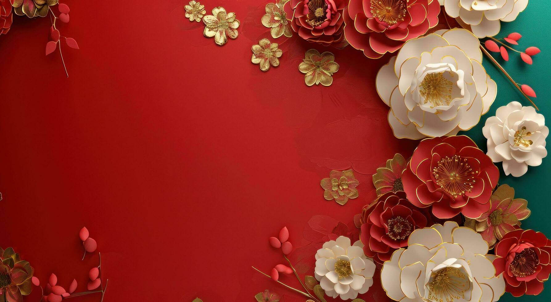 AI generated red and gold floral frame on the wall photo