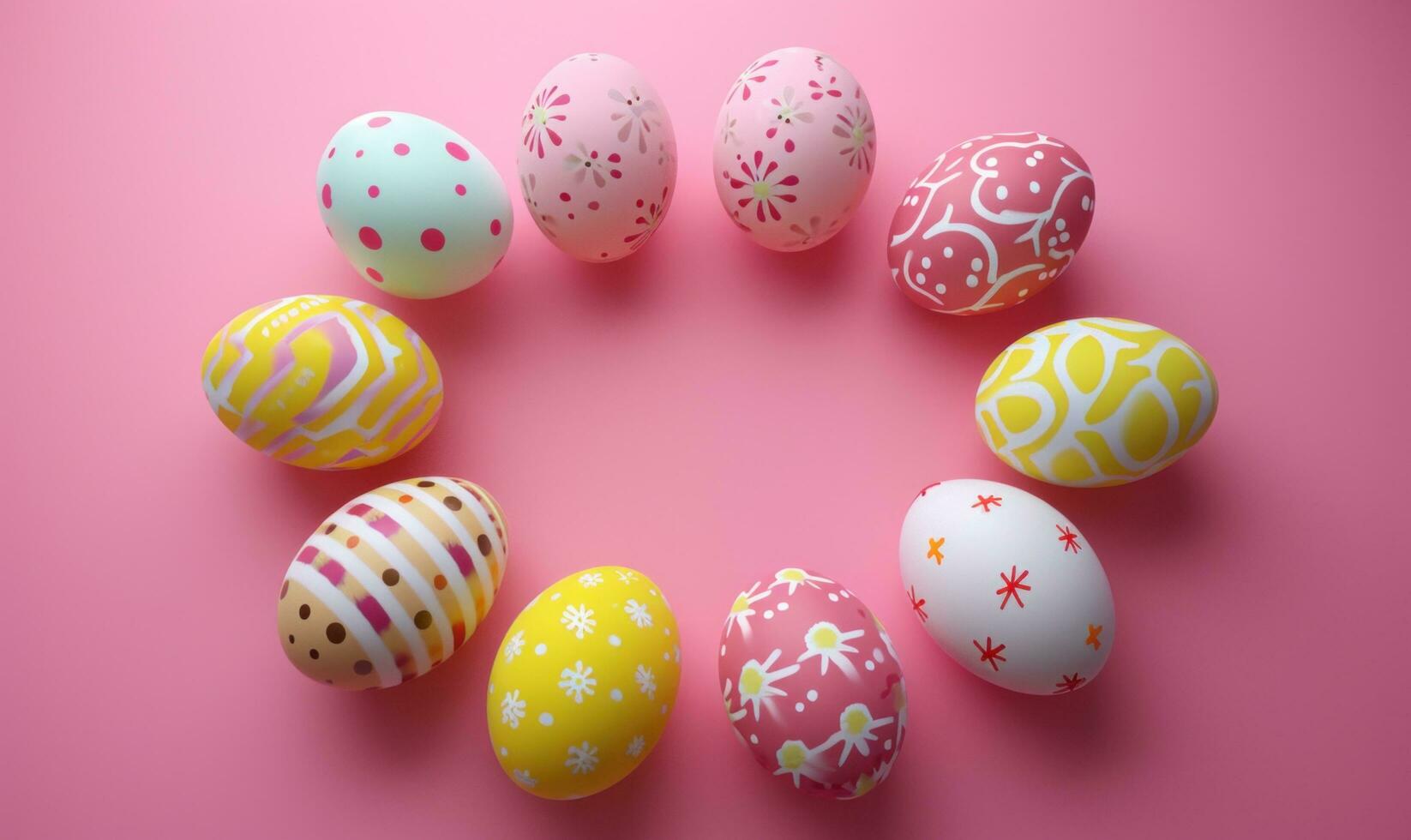 AI generated colorful coloured easter eggs are shown on a pink background photo