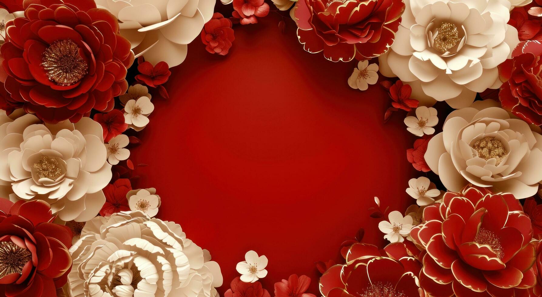 AI generated red and gold floral frame on the wall photo