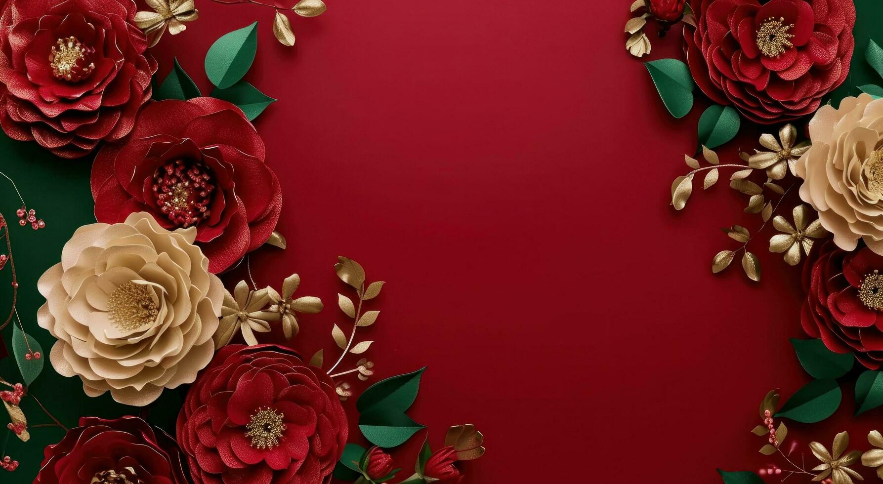 AI generated red and gold floral frame on the wall photo