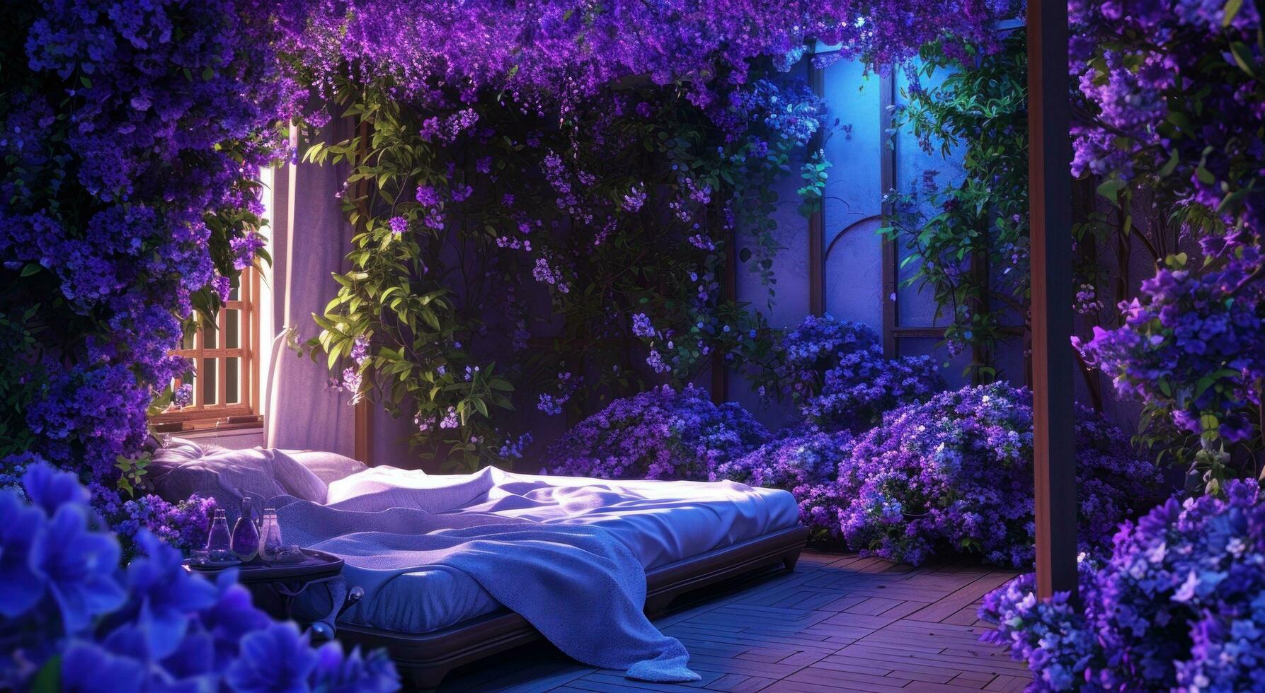 AI generated purple flowers in the bedroom photo