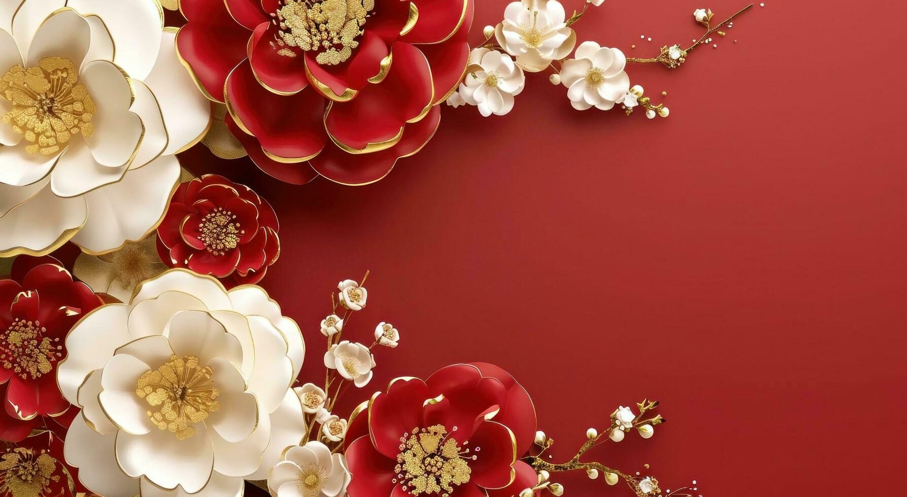 AI generated red and gold floral frame on the wall photo