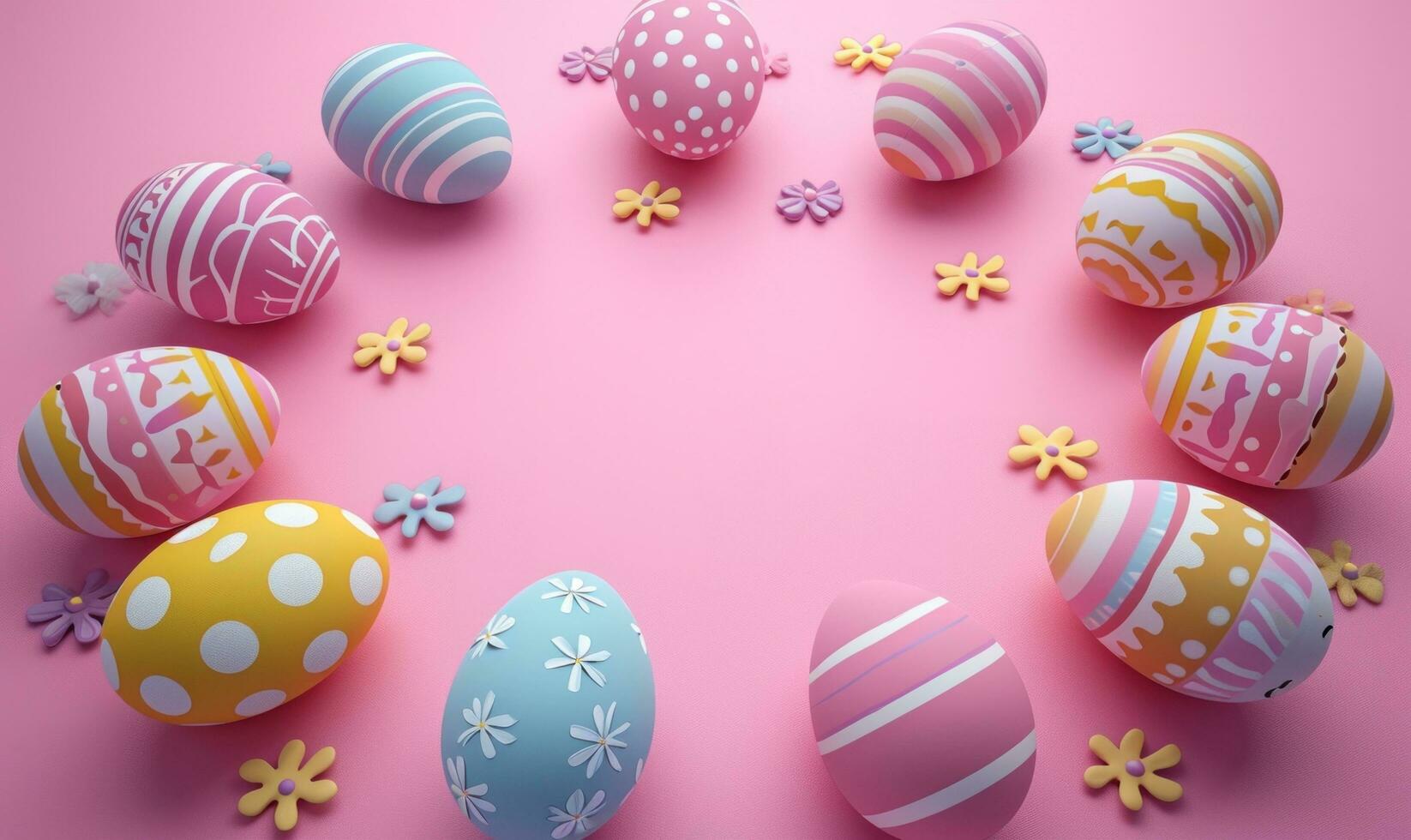 AI generated colorful coloured easter eggs are shown on a pink background photo