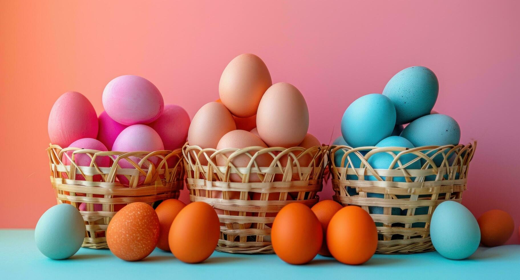 AI generated various colored eggs are stacked in baskets photo