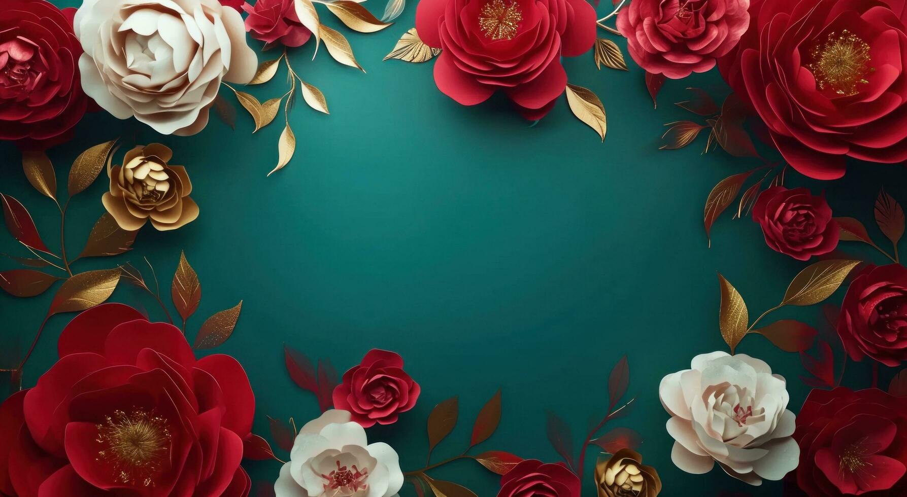 AI generated red and gold floral frame on the wall photo