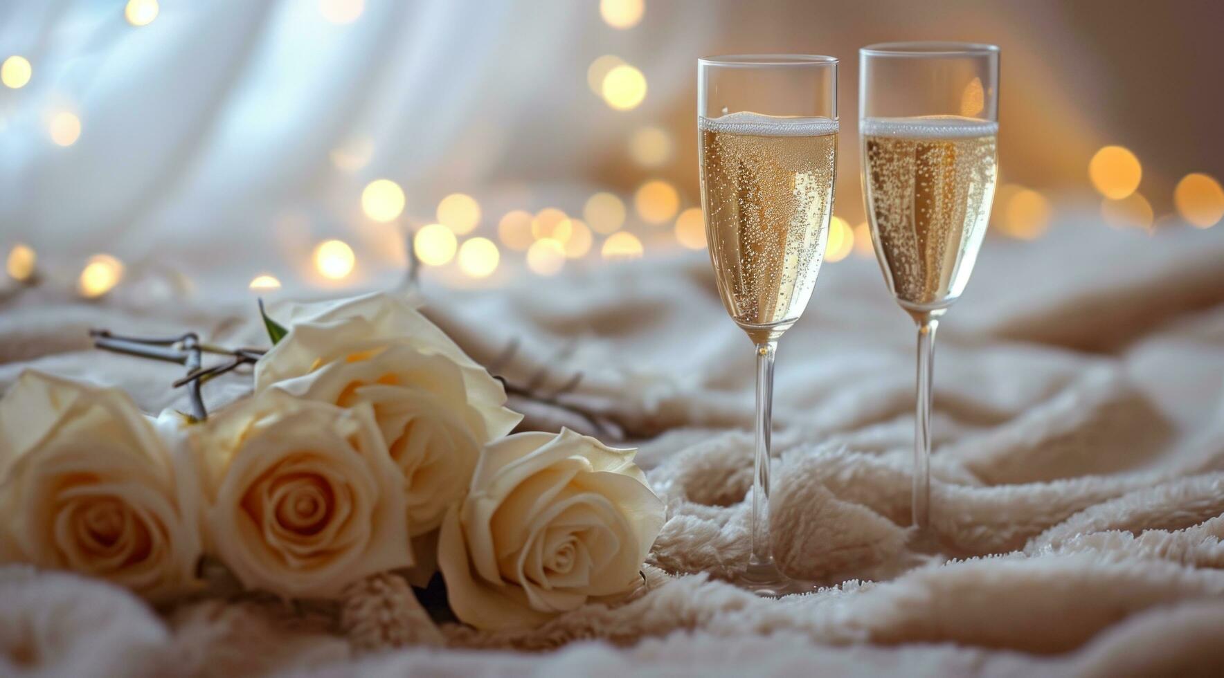 AI generated glass of champagne and glasses on the bed next to some roses photo