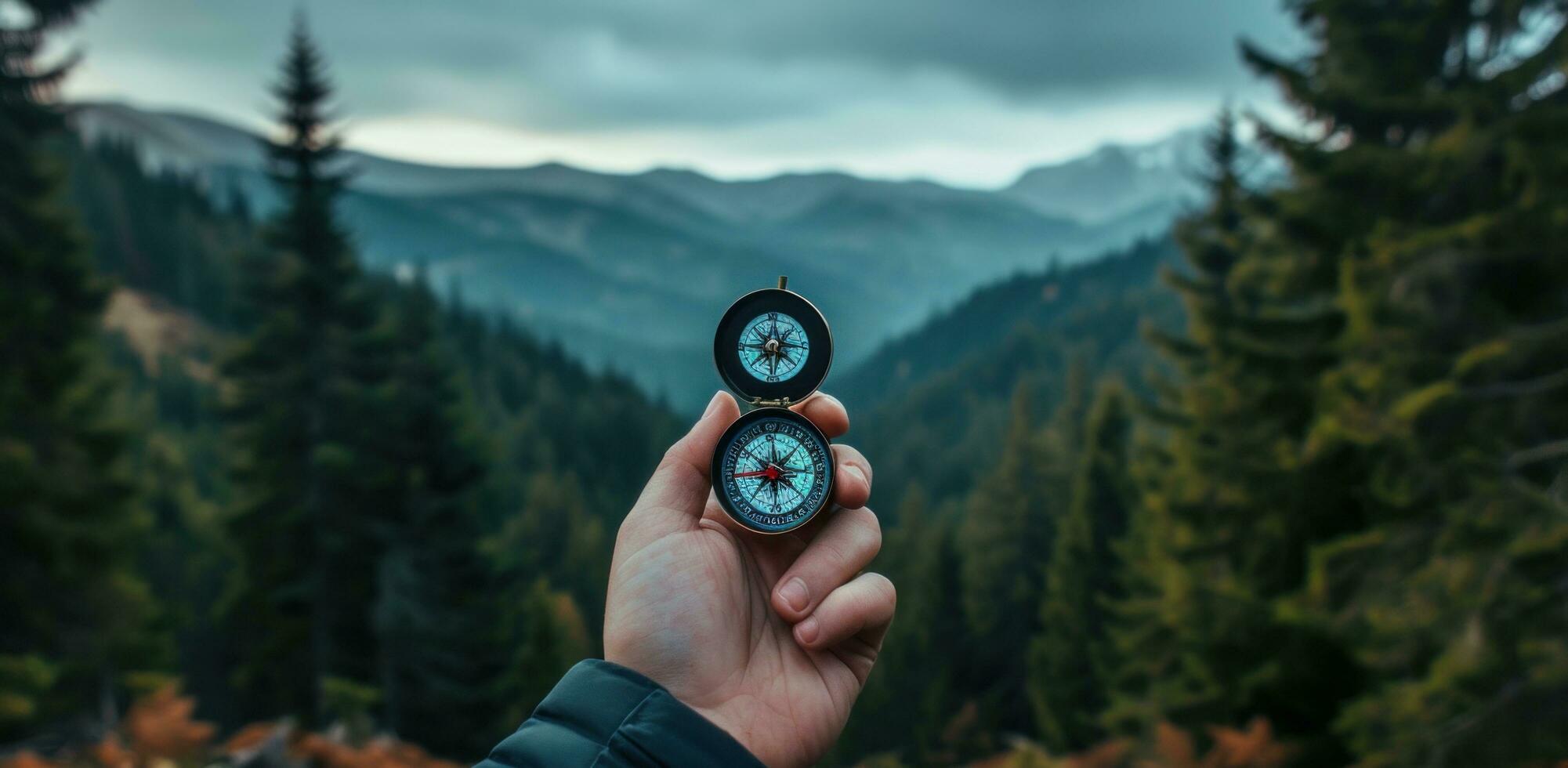 AI generated person holding compass with forest and mountains in the background photo