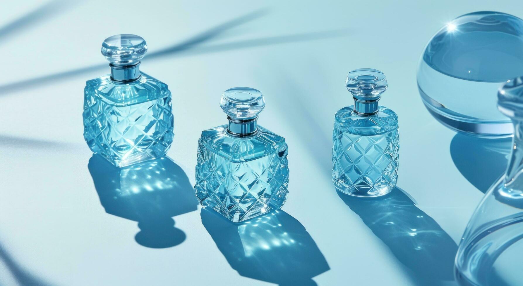 AI generated the perfume bottles are arranged on a blue background photo