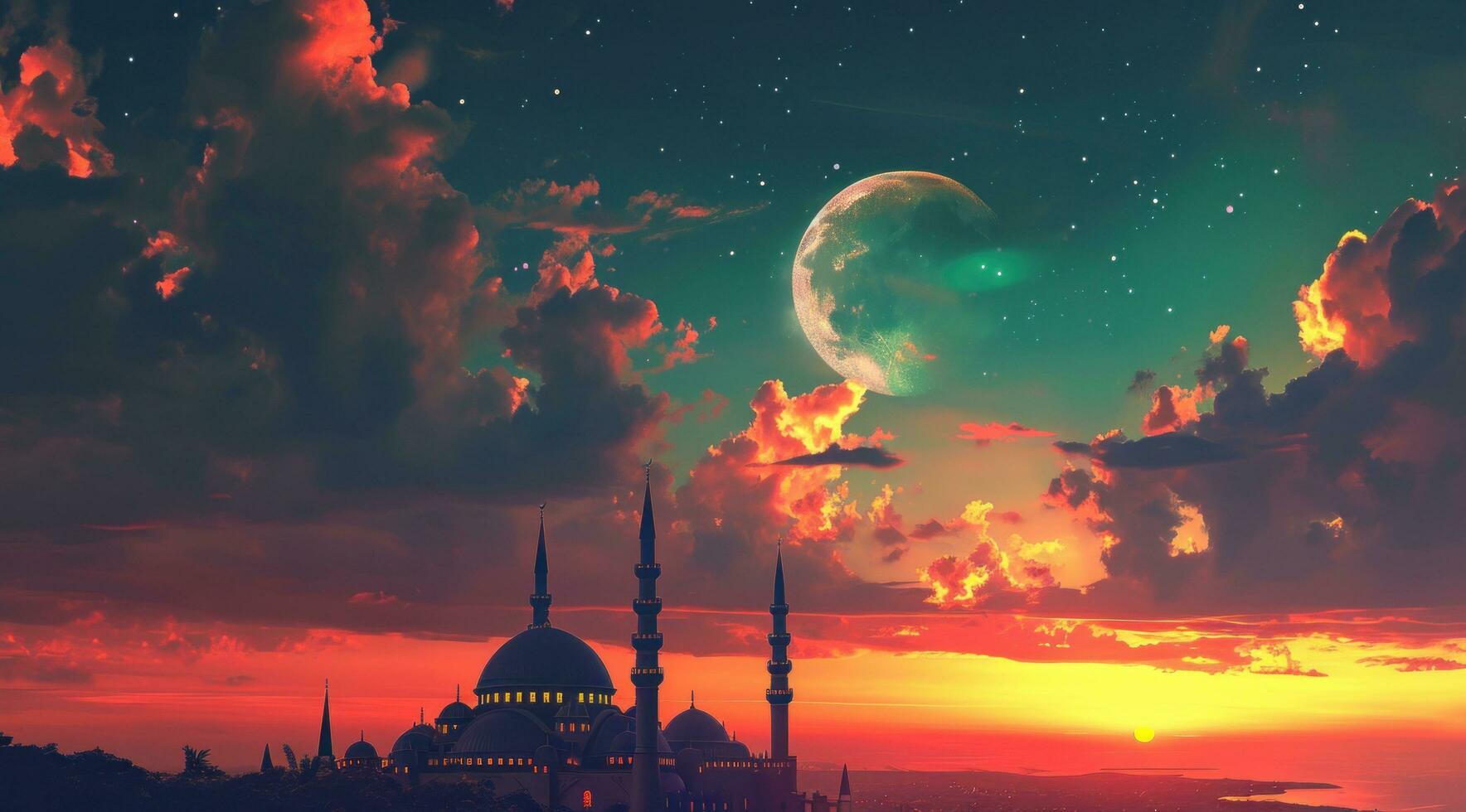 AI generated islamic moon in sunset with beautiful clouds with a mosque under it photo