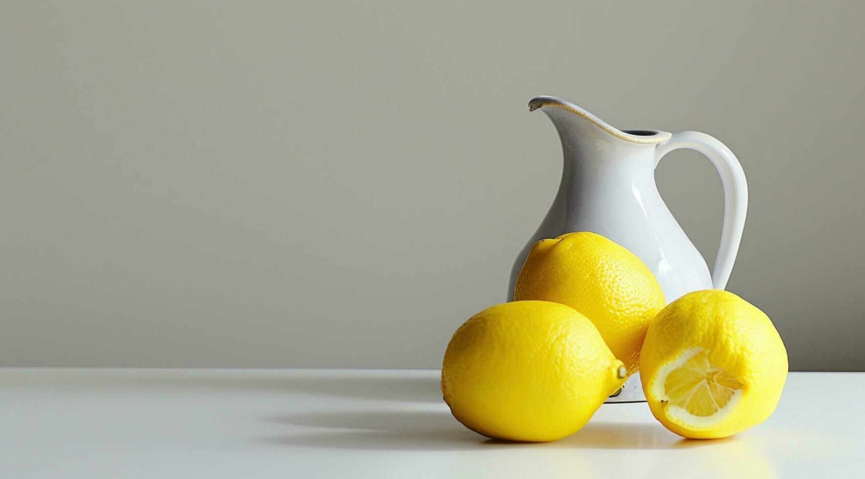 AI generated two lemons and a pitcher on a white table photo