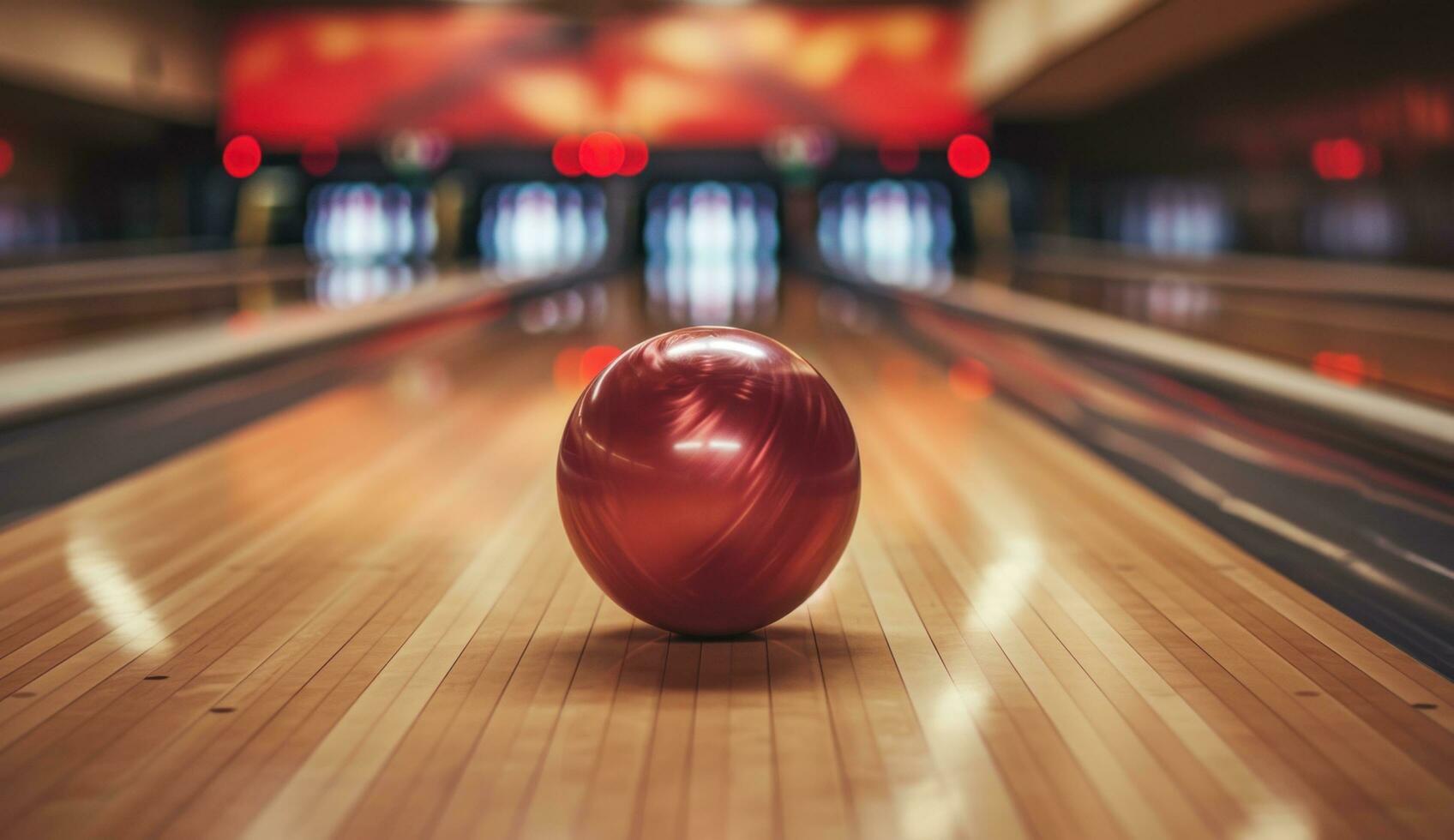 ai generado el pelota es laminación abajo el callejón de un bolos verde foto