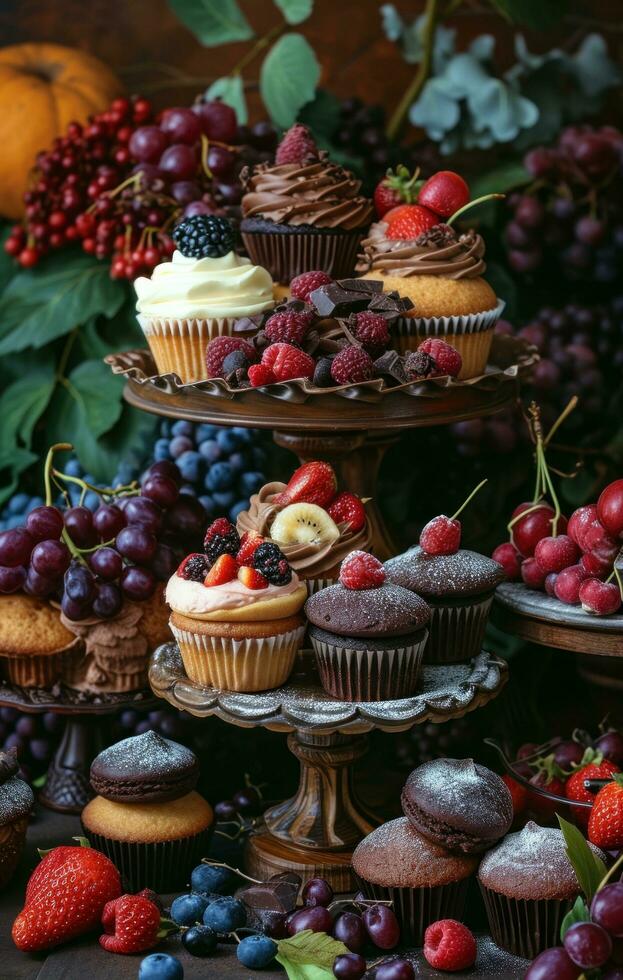 ai generado varios magdalenas y chocolate piezas en de madera cortar salidas foto