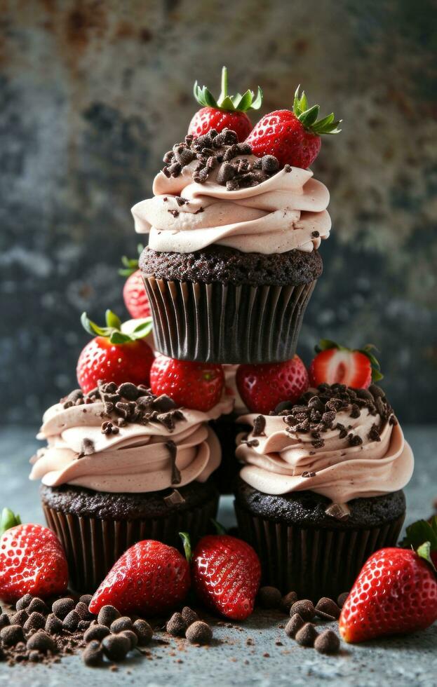 AI generated multiple cupcakes and strawberries sitting on top of strawberries photo
