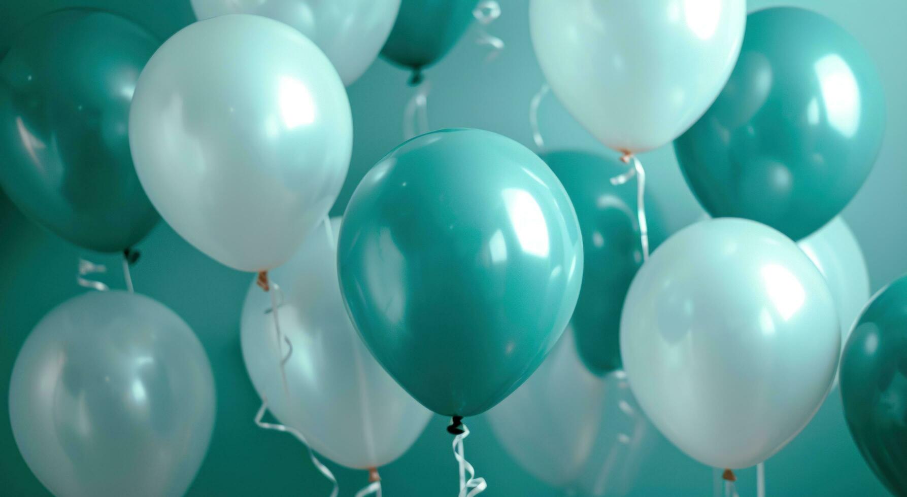 AI generated white turquoise balloons are floating in the air, photo