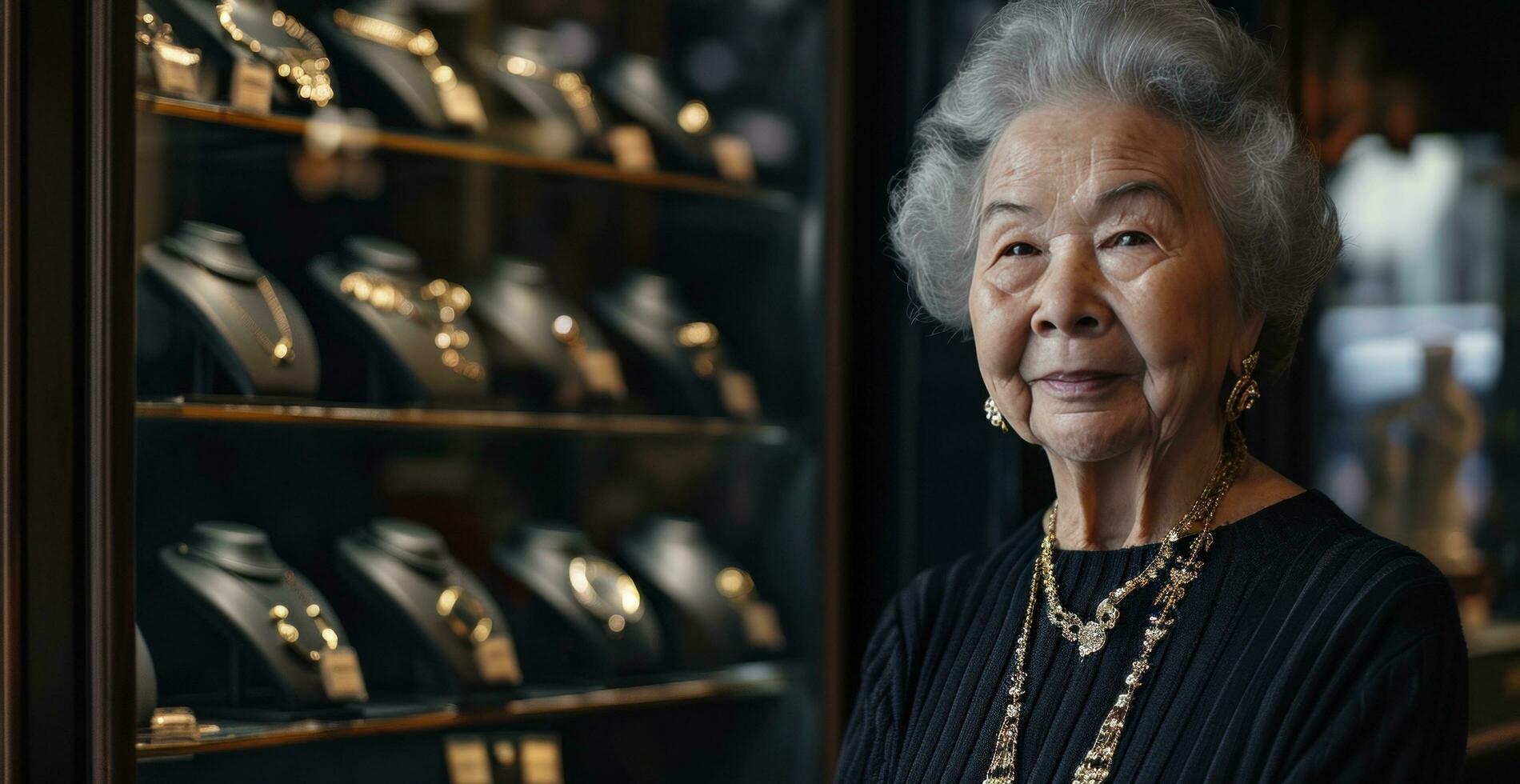 AI generated senior jewelry shop owner stands in front of ring display photo