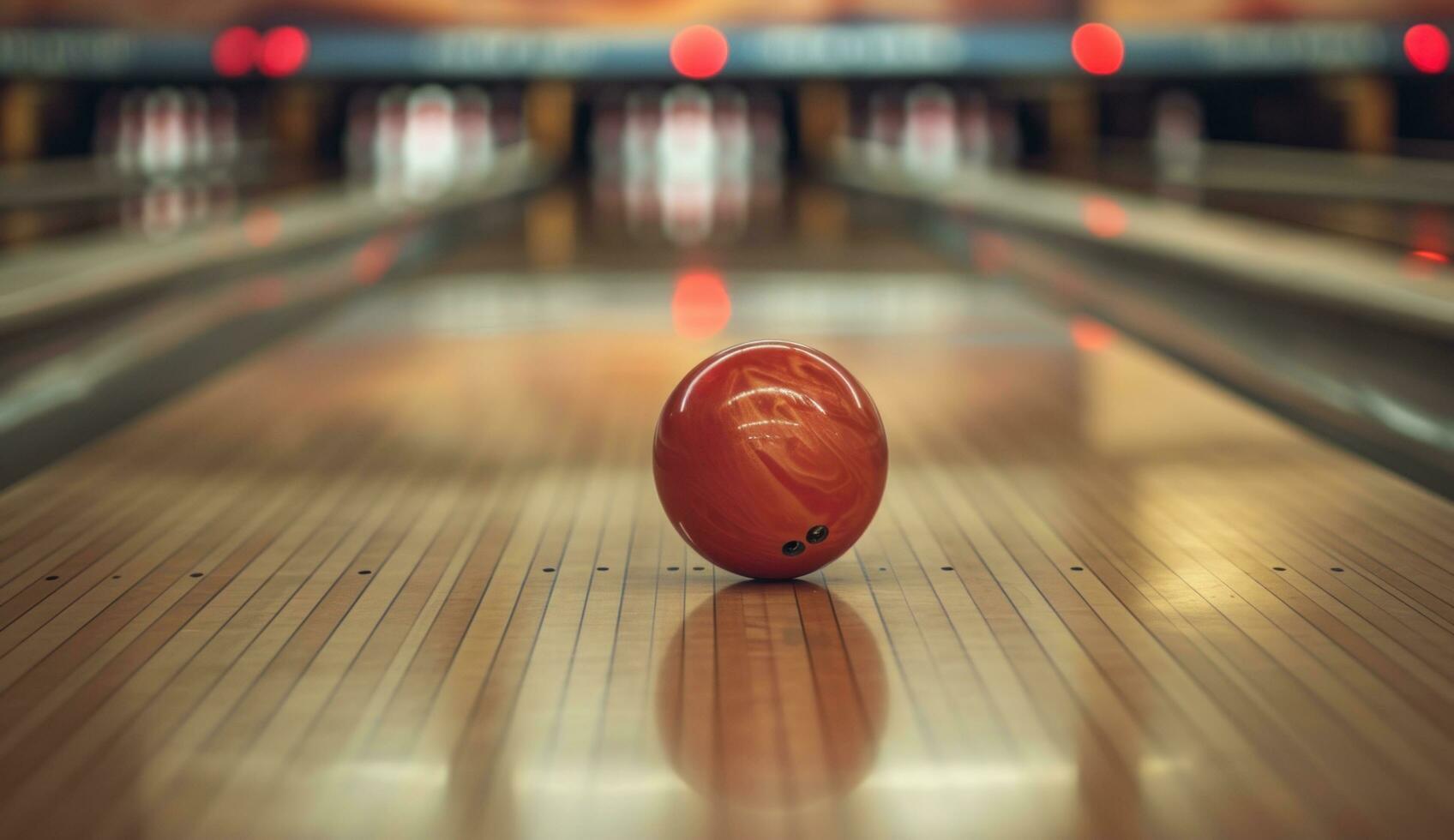 ai generado el pelota es laminación abajo el callejón de un bolos verde foto