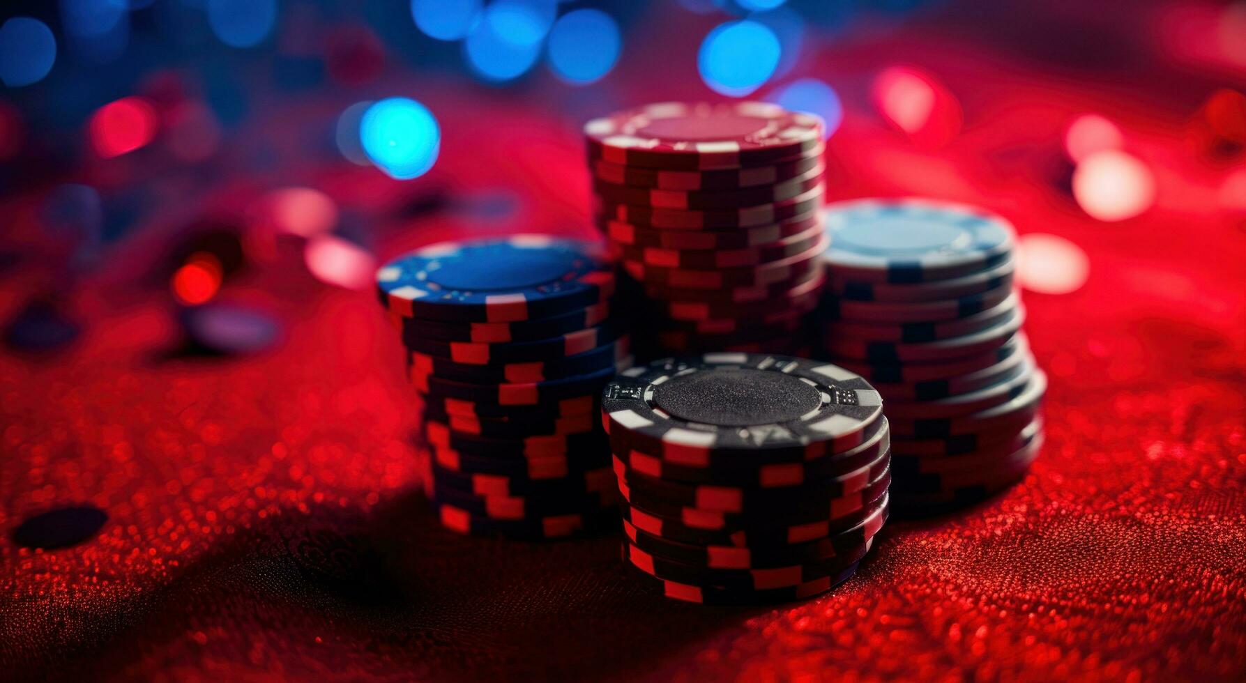 AI generated stacked up poker chips on surface of red background photo