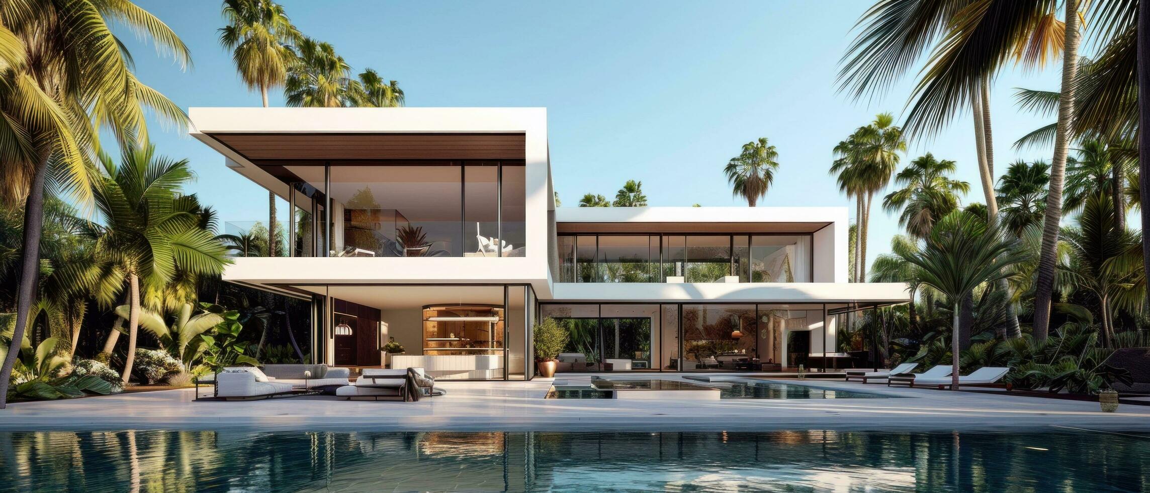 AI generated the villa is decked with lounge chairs on either side of the pool photo