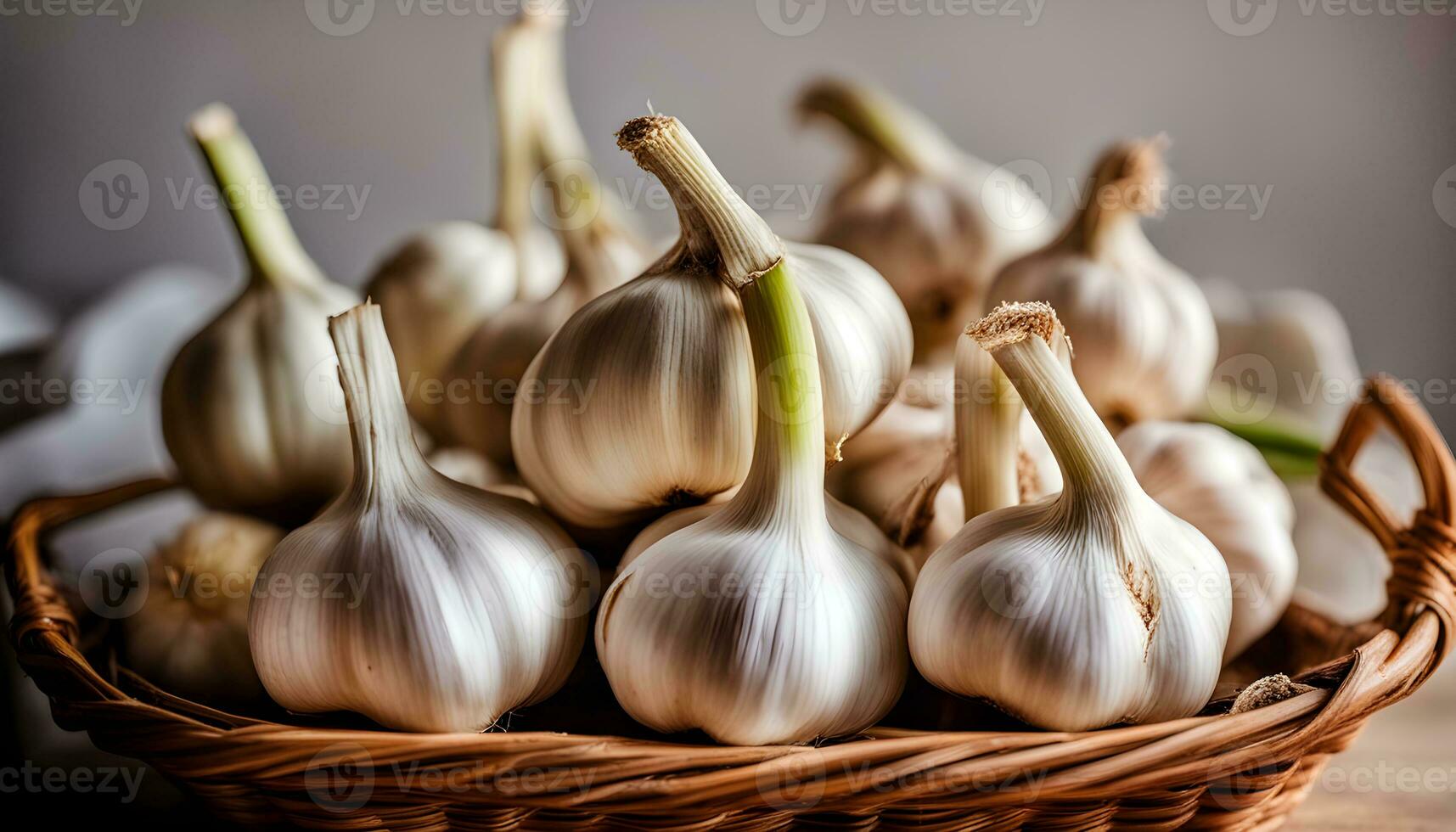 AI generated garlic in a basket on a table photo