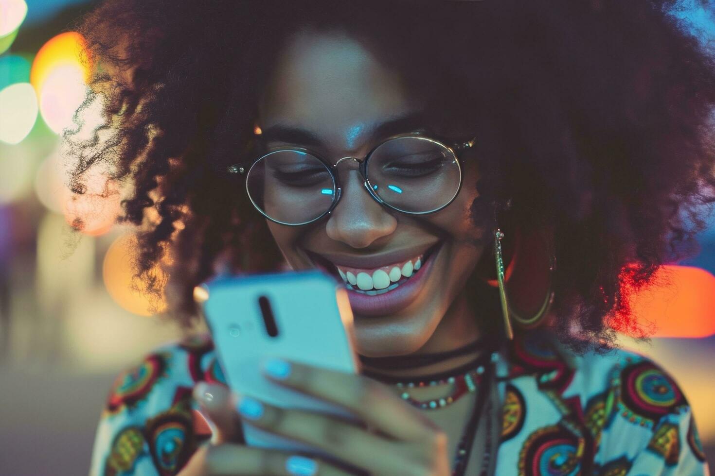 ai generado mujer sonriente sonriente mientras mensajes de texto en su célula teléfono en el acera foto