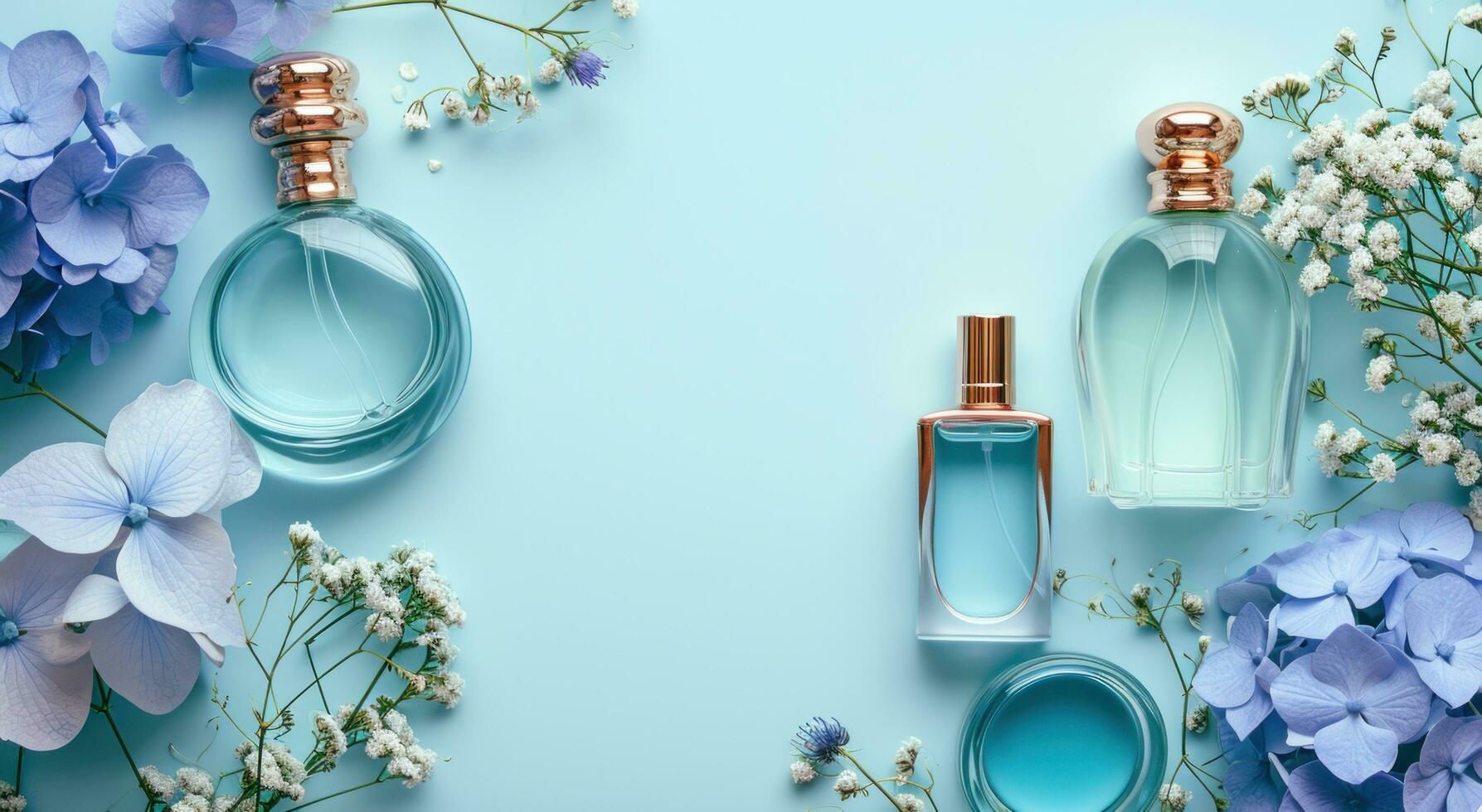 AI generated various perfumes on a blue background next to blue flowers photo