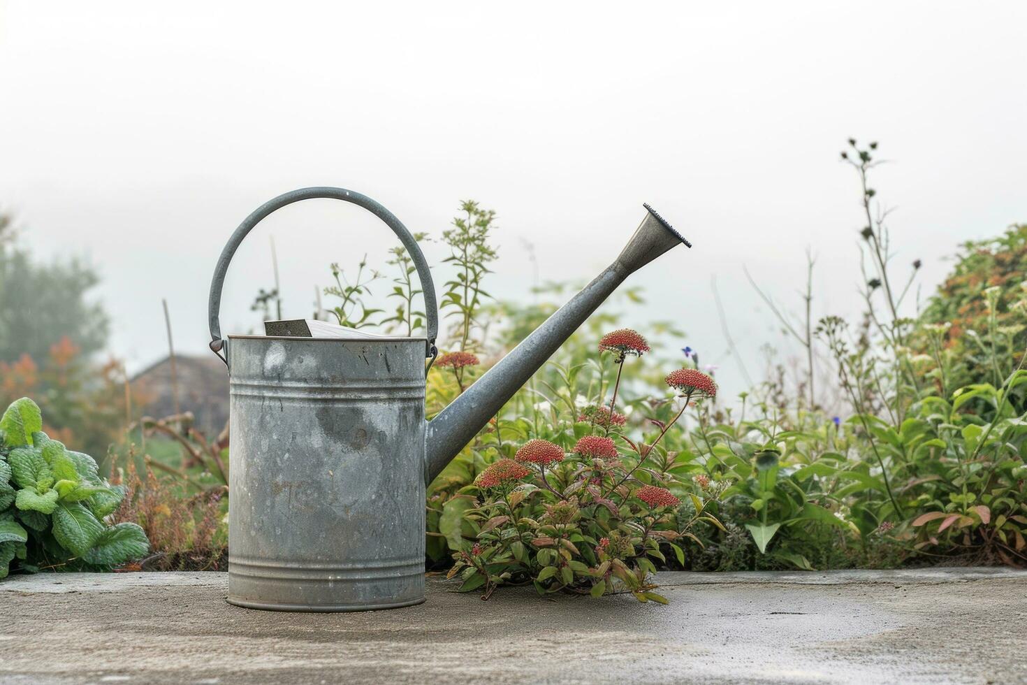 AI generated watering can in front of field in a garden garden photo