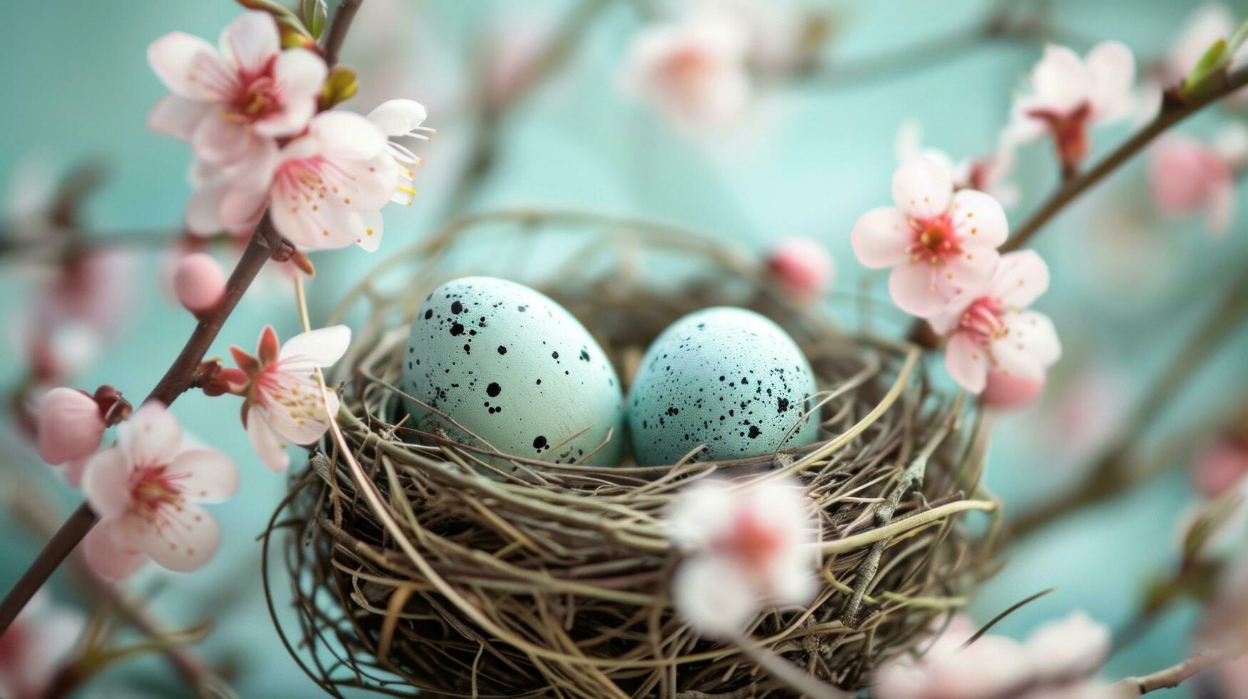 AI generated Tranquil scenes of nests, feathers, and delicate blossoms evoke Easter tranquility photo