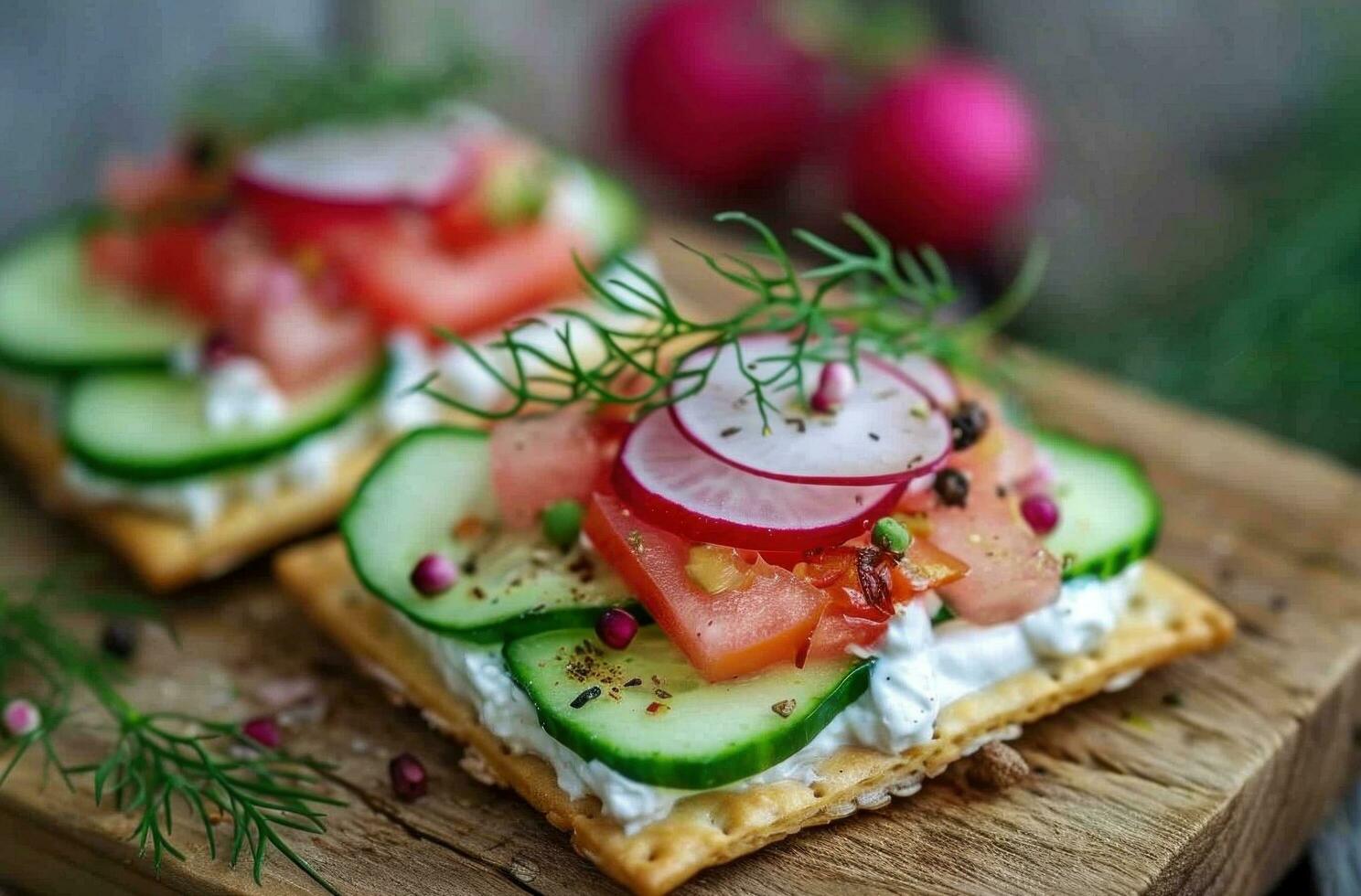 AI generated two crackers with vegetables and cucumbers on a board photo