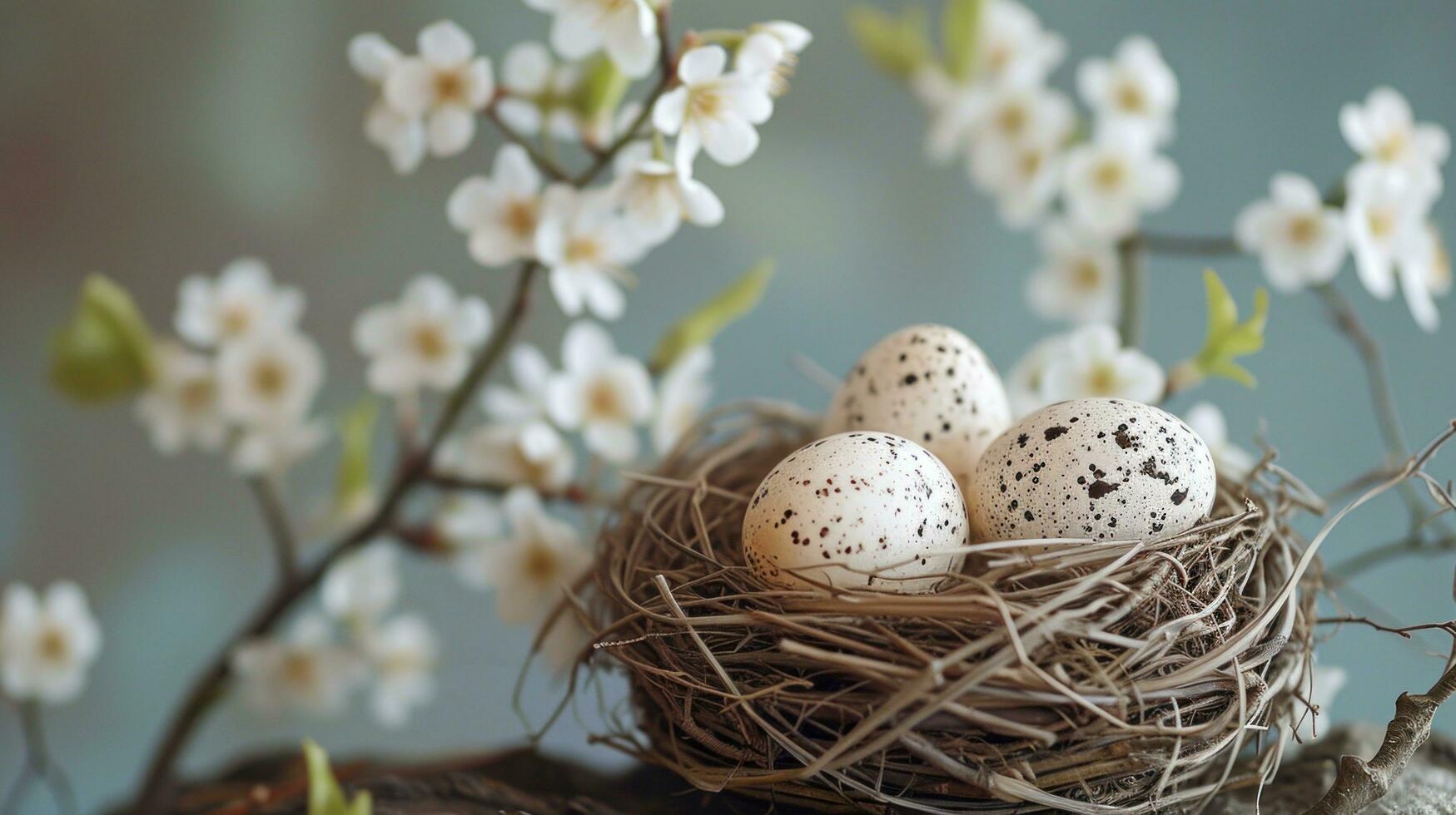 AI generated Tranquil scenes of nests, feathers, and delicate blossoms evoke Easter tranquility photo