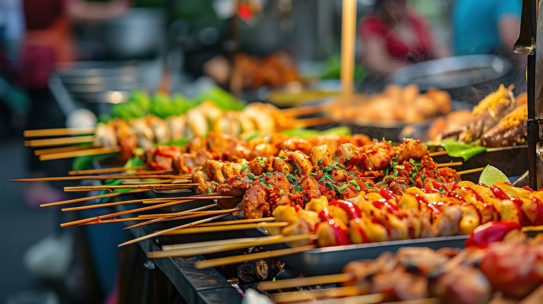 AI generated Street food stalls featuring a variety of spicy and flavorful international culinary offerings photo