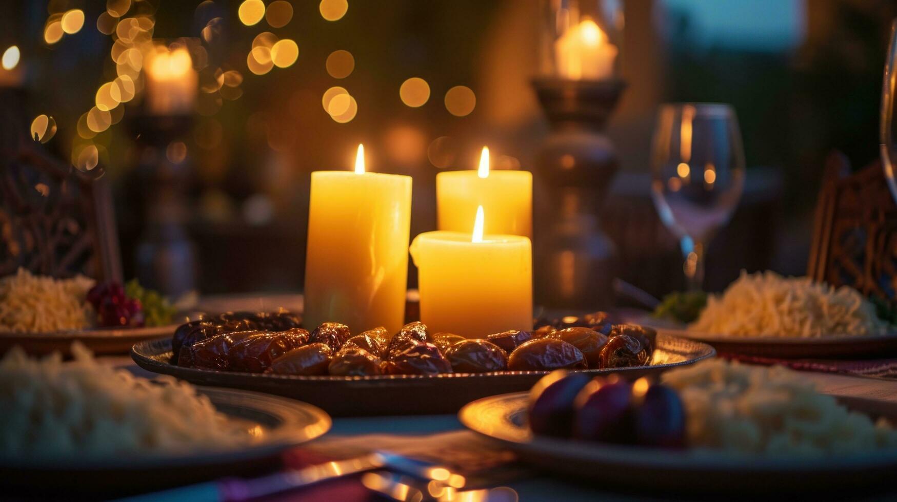 AI generated Warm candlelit setting with dates, traditional dishes, and a spirit of togetherness with copy space. photo