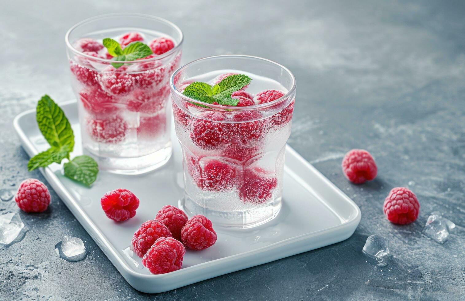 AI generated two glasses with raspberries and mint decorate a white tray photo
