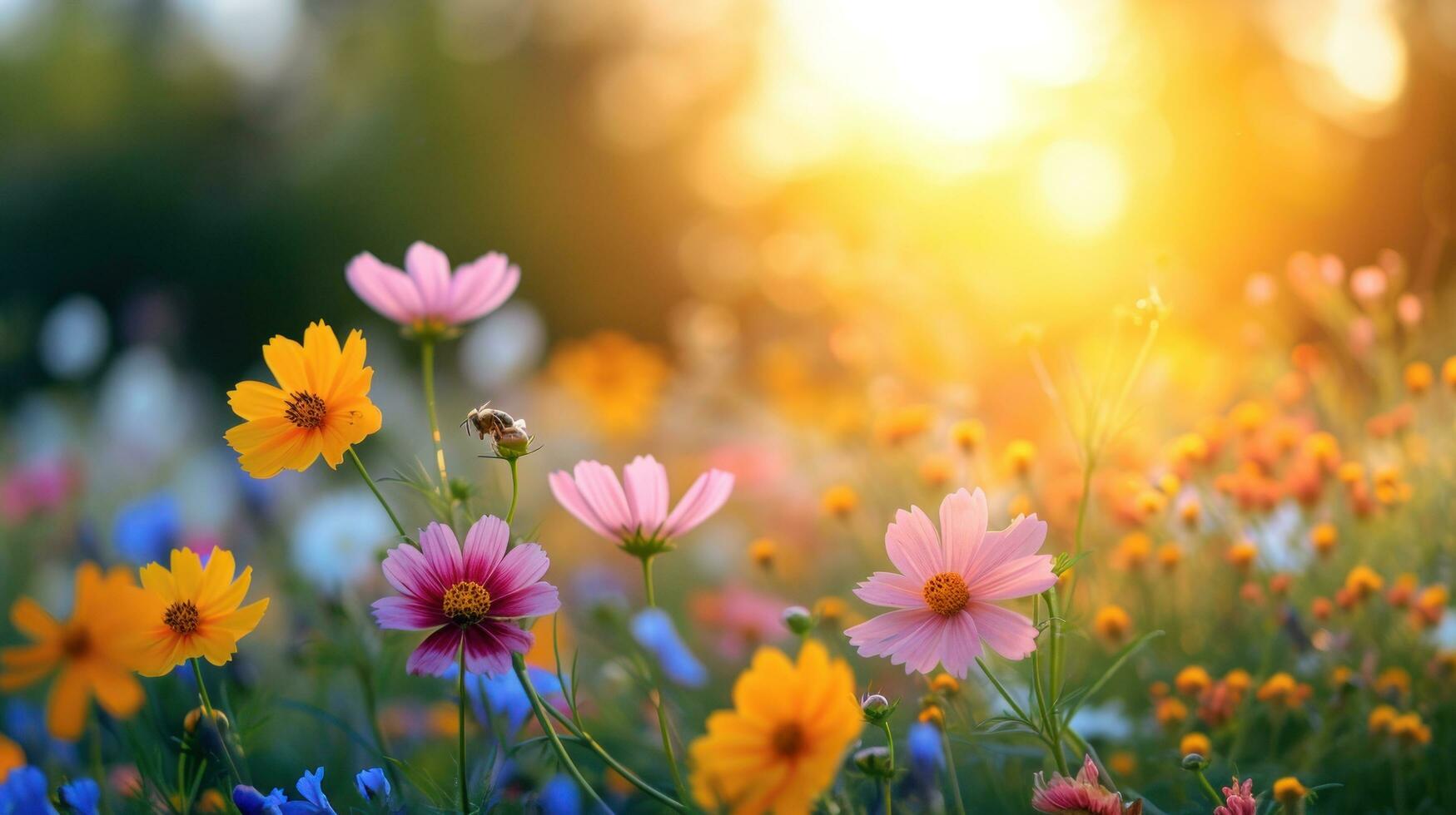 AI generated Wildflowers, buzzing bees, and a vibrant sun bring spring's lively spirit photo