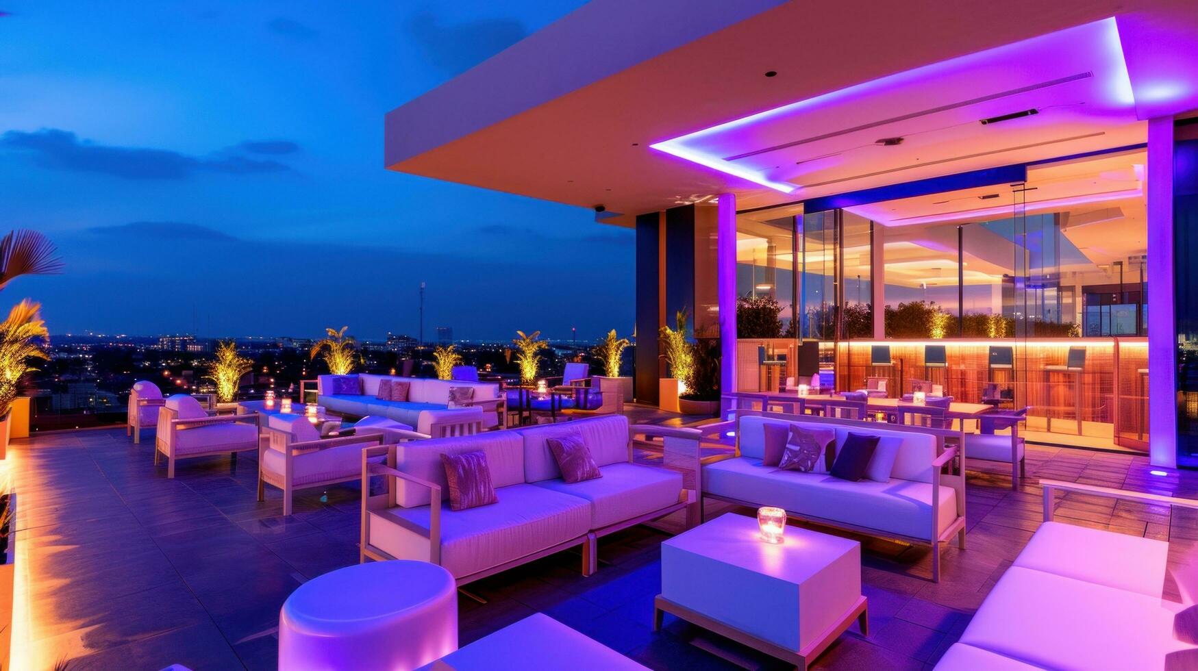 AI generated Trendy rooftop party with panoramic views, modern decor, and a vibrant atmosphere for celebration photo