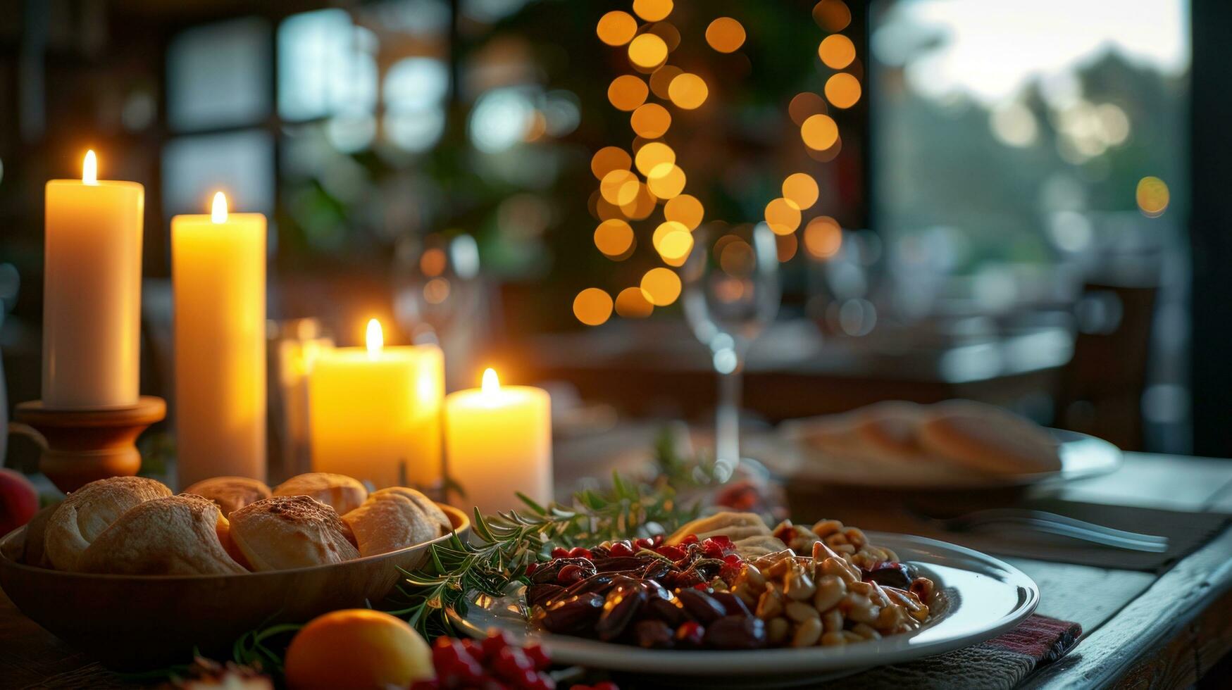 AI generated Warm candlelit setting with dates, traditional dishes, and a spirit of togetherness with copy space. photo