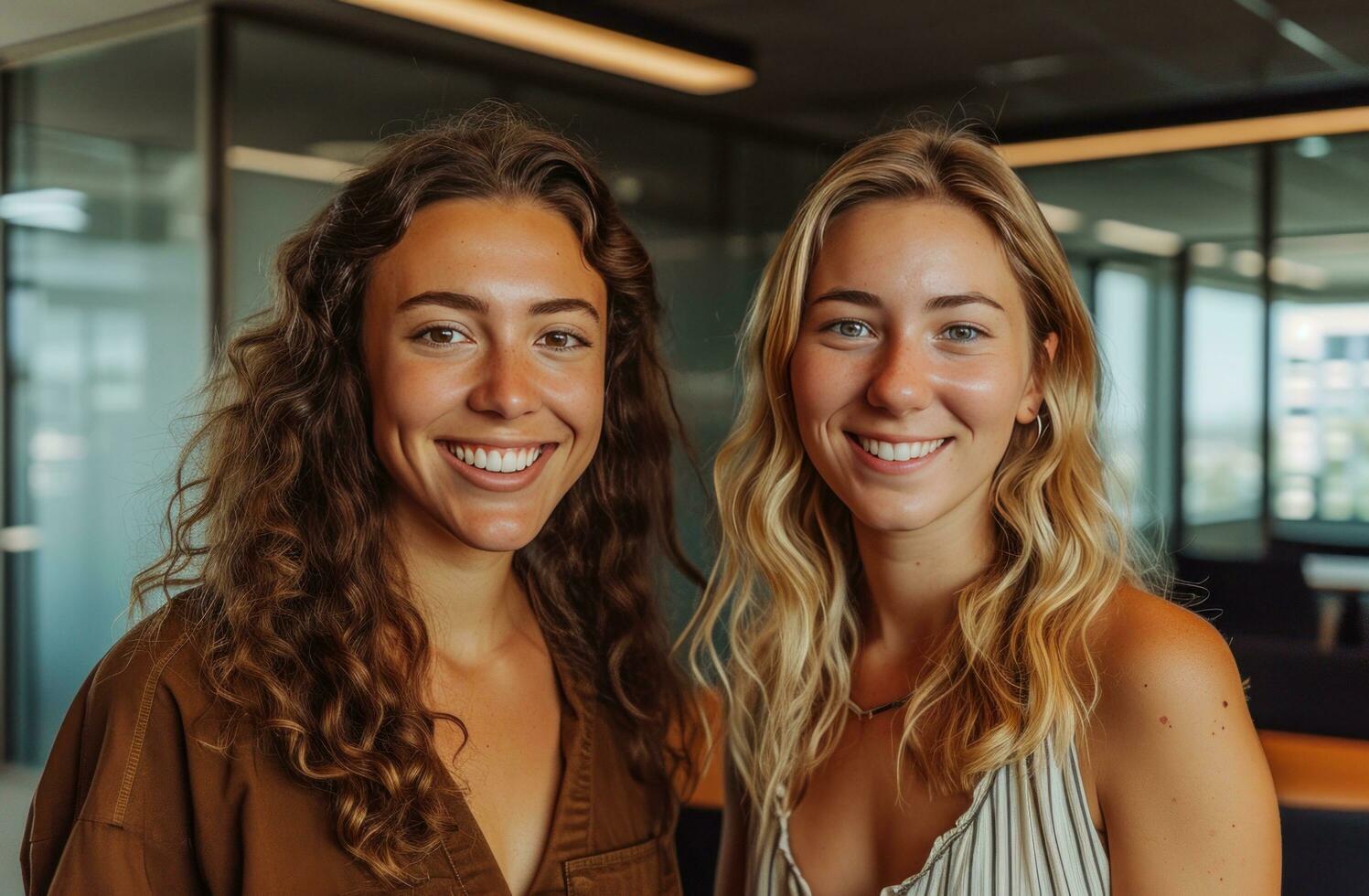 AI generated young women smiling at the camera in a conference room photo