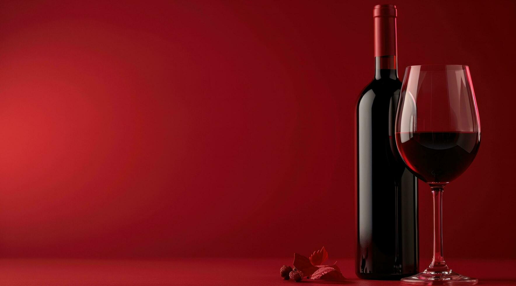 AI generated red wine bottle and glass of red wine on a red background photo