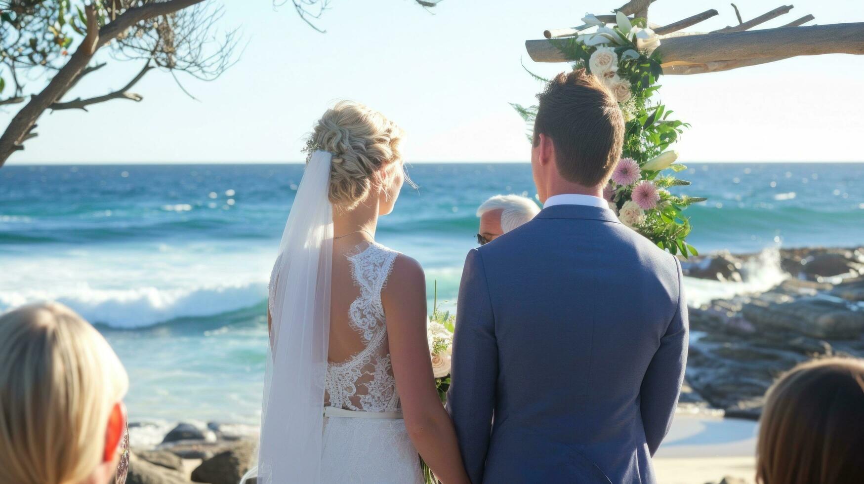 AI generated Seaside wedding bliss, waves crashing as a picturesque backdrop to an unforgettable ceremony photo