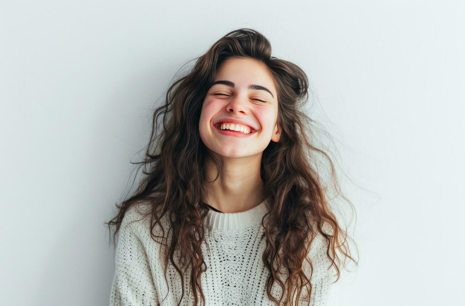 AI generated smiling happy woman laughing in studio portrait photo