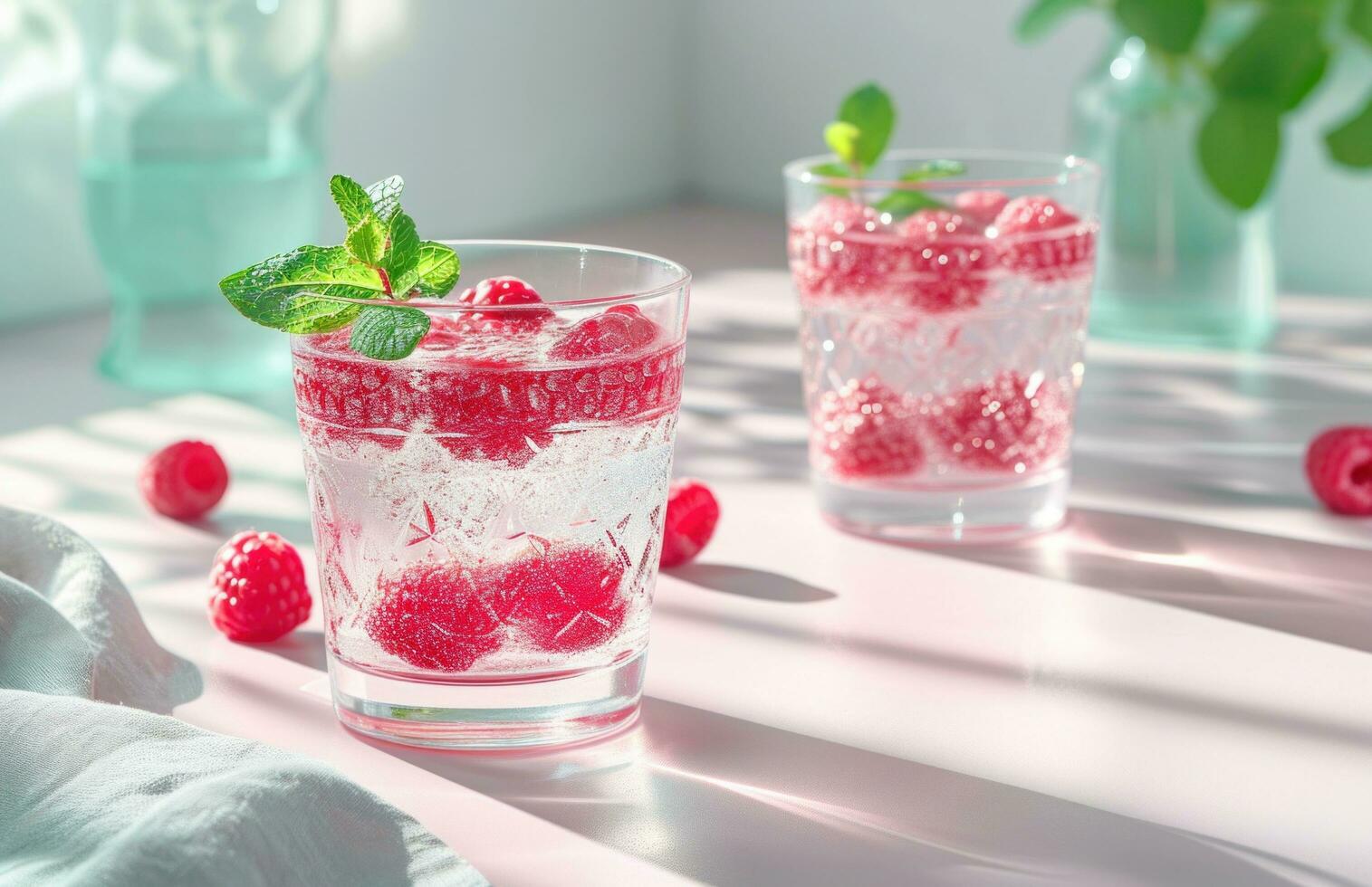 AI generated two glasses with raspberries and mint decorate a white tray photo