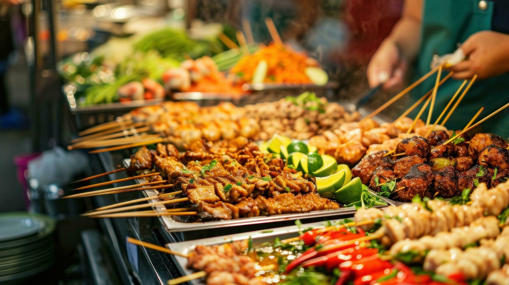 AI generated Street food stalls featuring a variety of spicy and flavorful international culinary offerings photo