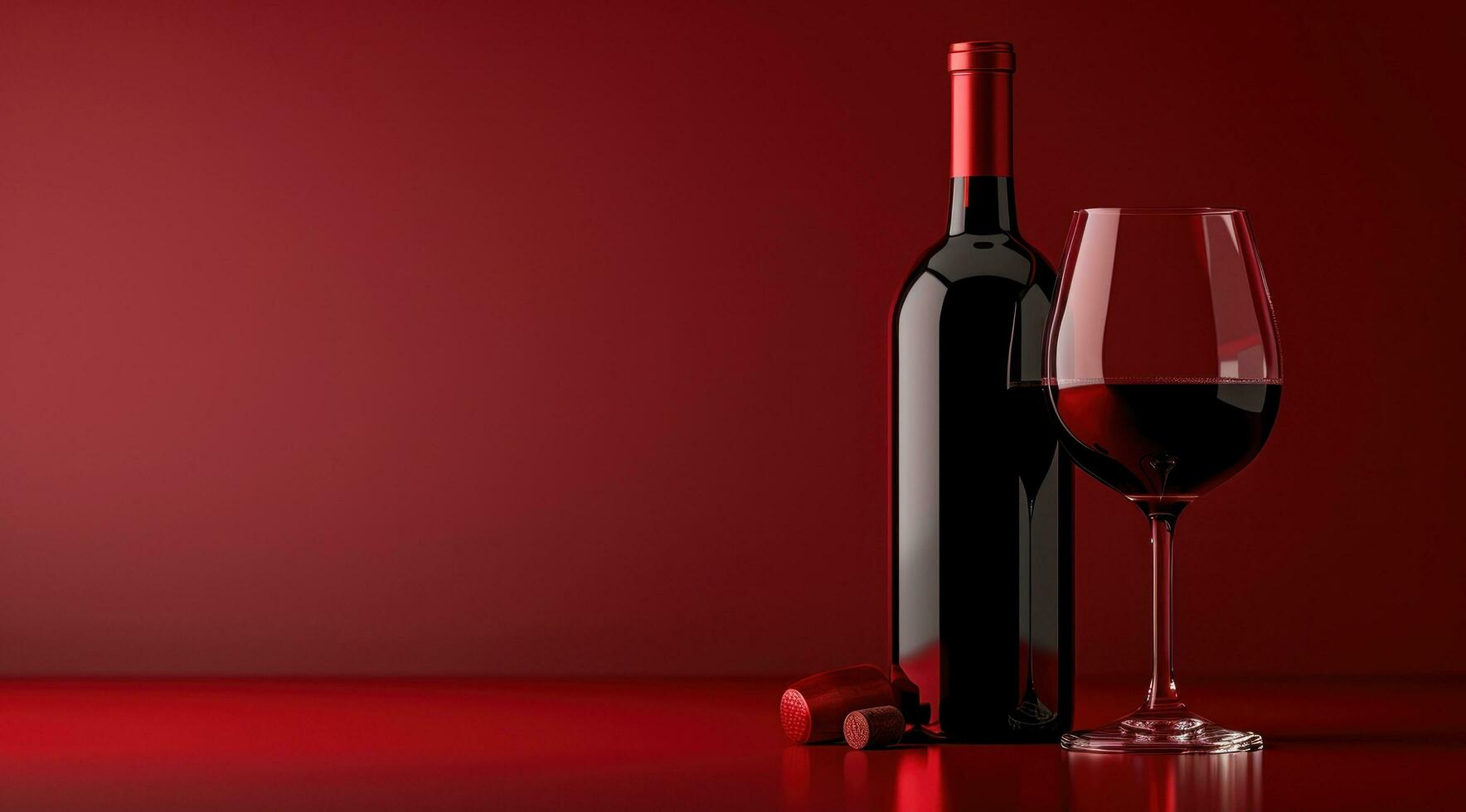 AI generated red wine bottle and glass of red wine on a red background photo