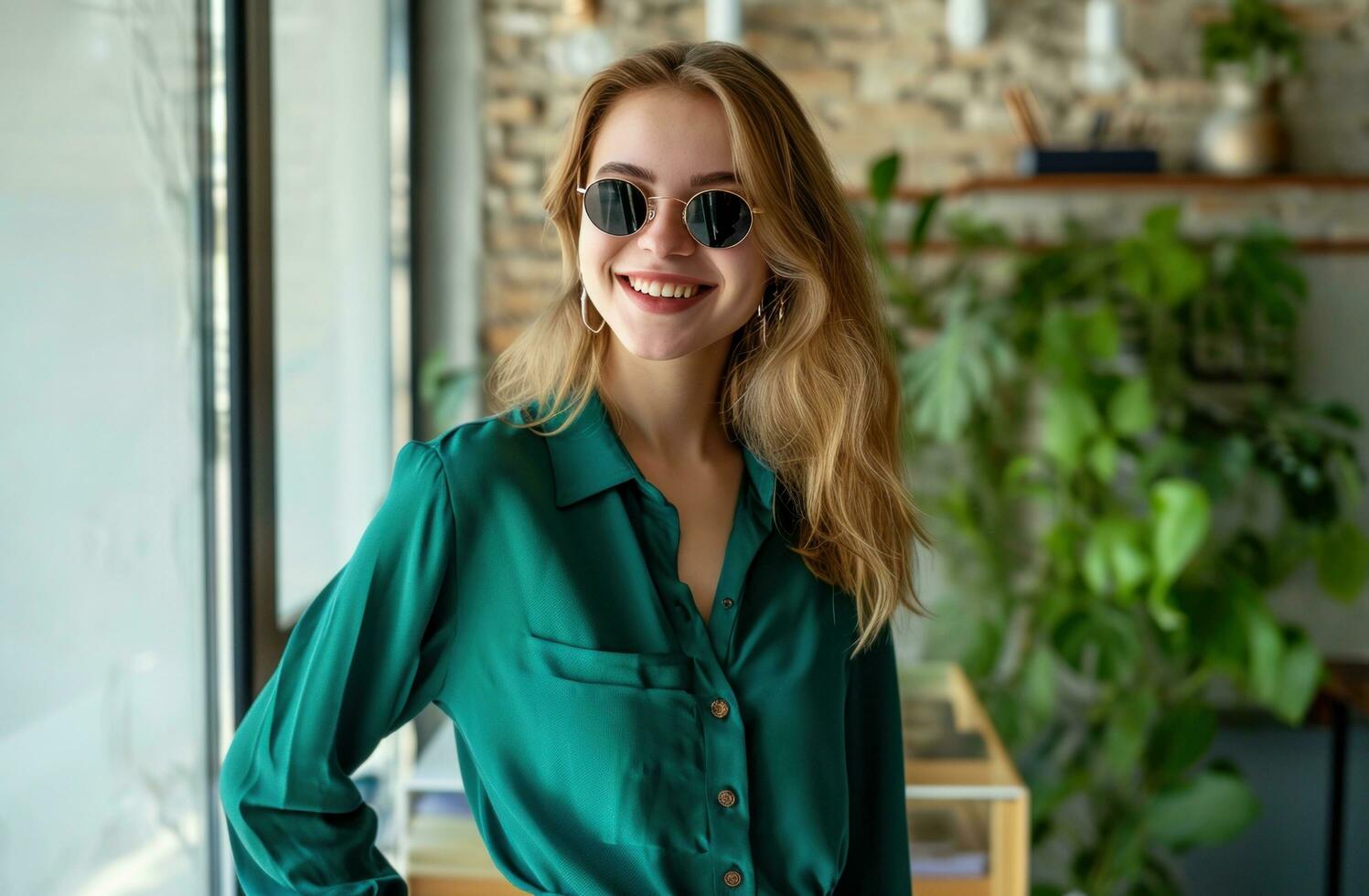 AI generated young smiling woman at office wearing green blouse and sunglasses photo