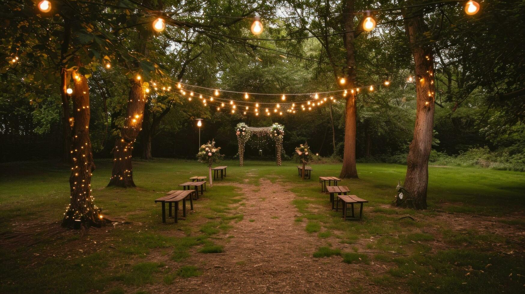 AI generated Whimsical woodland wedding with enchanting lights and natural beauty photo